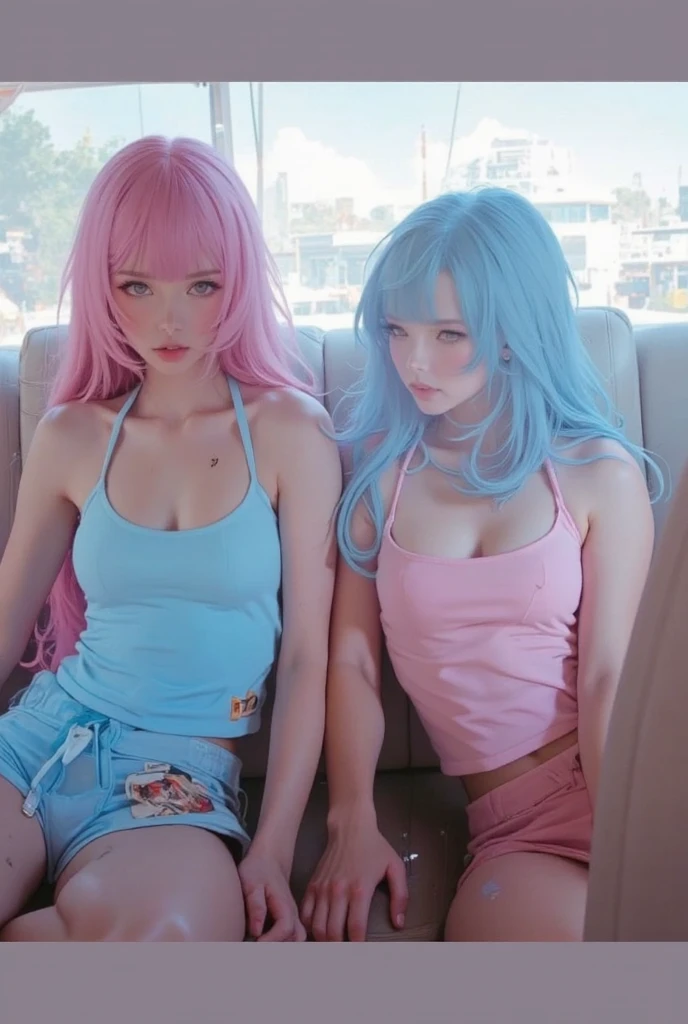 Two white blonde and flat and thin teenage sisters of 18 years, one has short pink hair and the other has long hair light kitten, pink hair and light chatin, chest redone, breasts redone, huge breasts, gigantic breasts, blushing, perfect fake breasts, perfect breasts redone, (big fat fat big plump breasts: 1.8), hard skin, white, blue eyes, aviator sunglasses, wearing a small tight pink string undersized barely covering microbikinis, underbreasts, sideboob, choker: dad, open legs, (((cameltoe: 1.9))), hard and wet hair, fat body, cuddles pressing plump breasts, hands on hips, ((sitting in the back seat of a car)), looking at the camera, smiling, having fun, happy, extra small cotton bikinis, provocative pose, sexual attraction, aroused, wet