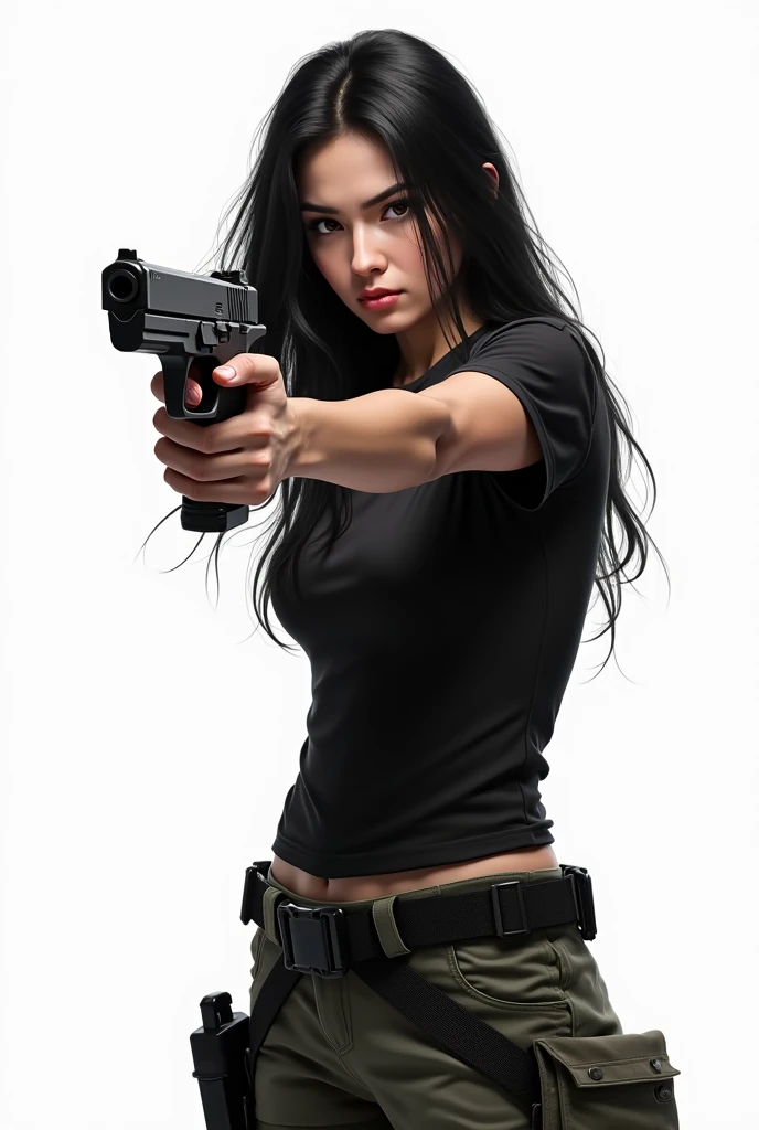Make me a picture of a cool girl that isn't Mexican with two guns in her hands pointing to the sky that says Belize below