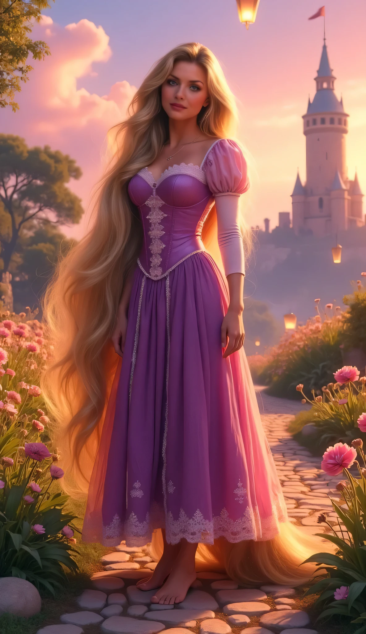 "Full-body portrait of Michelle Pfeiffer as Rapunzel from Disney's Tangled, with incredibly long flowing golden hair that glows softly, wearing a lavender and pink corset dress with puffed sleeves and lace details, standing barefoot in a magical stylized setting inspired by the animation — vibrant wildflowers, stone pathway, glowing lanterns floating in the sky, and the tall tower in the distance. The environment is dreamy and fairytale-like, with warm lighting and soft magical realism. Highly detailed and elegant facial features with a kind and spirited expression."