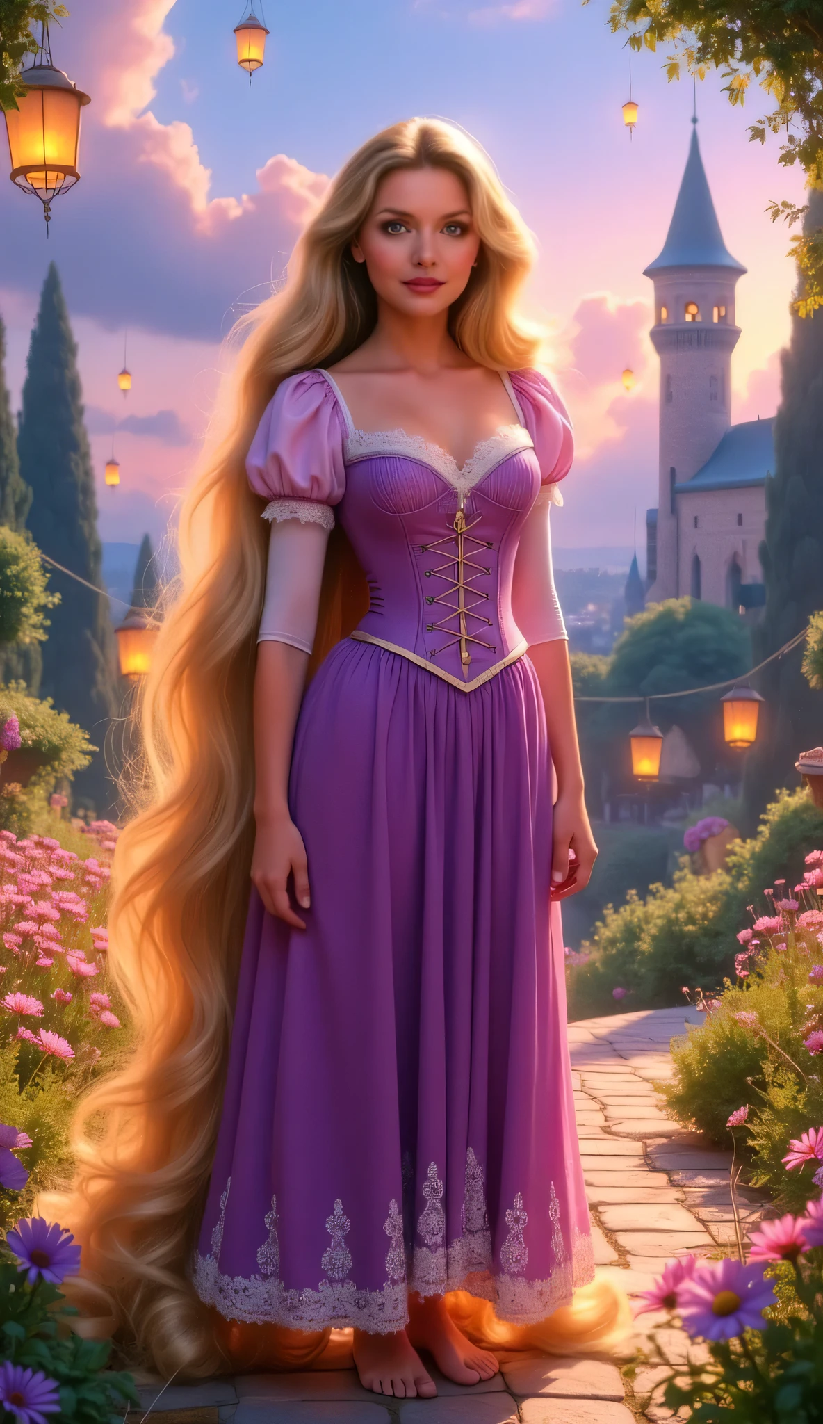 "Full-body portrait of Michelle Pfeiffer as Rapunzel from Disney's Tangled, with incredibly long flowing golden hair that glows softly, wearing a lavender and pink corset dress with puffed sleeves and lace details, standing barefoot in a magical stylized setting inspired by the animation — vibrant wildflowers, stone pathway, glowing lanterns floating in the sky, and the tall tower in the distance. The environment is dreamy and fairytale-like, with warm lighting and soft magical realism. Highly detailed and elegant facial features with a kind and spirited expression."