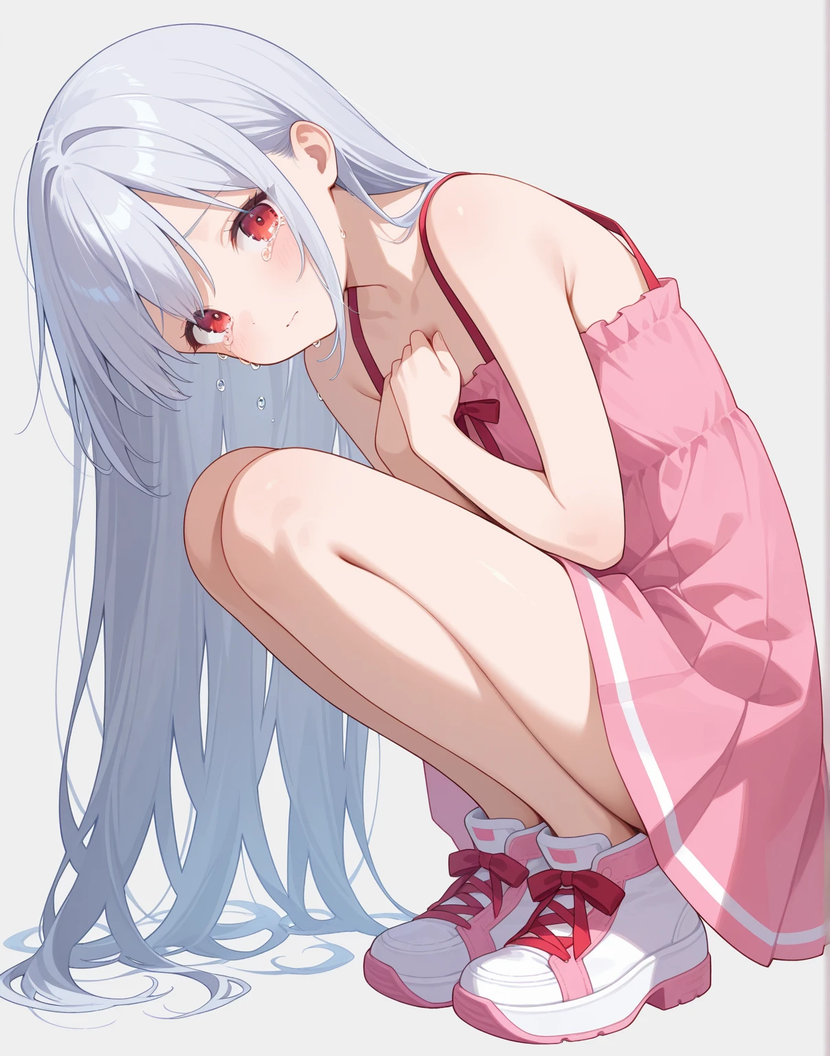 Anime Girl sitting on the ground with her legs crossed, beautiful Anime Girl squatting, Zero Two, seductive Anime Girl, the Anime Girl is crouching, (Anime Girl), Wearing white clothes, Shiro in Death Row Paradise, Anime Girl, Perfect white-haired girl, an Anime Girl, by Shitao, whole body!!, female anime character, Zerochan art ,Black nail polish
