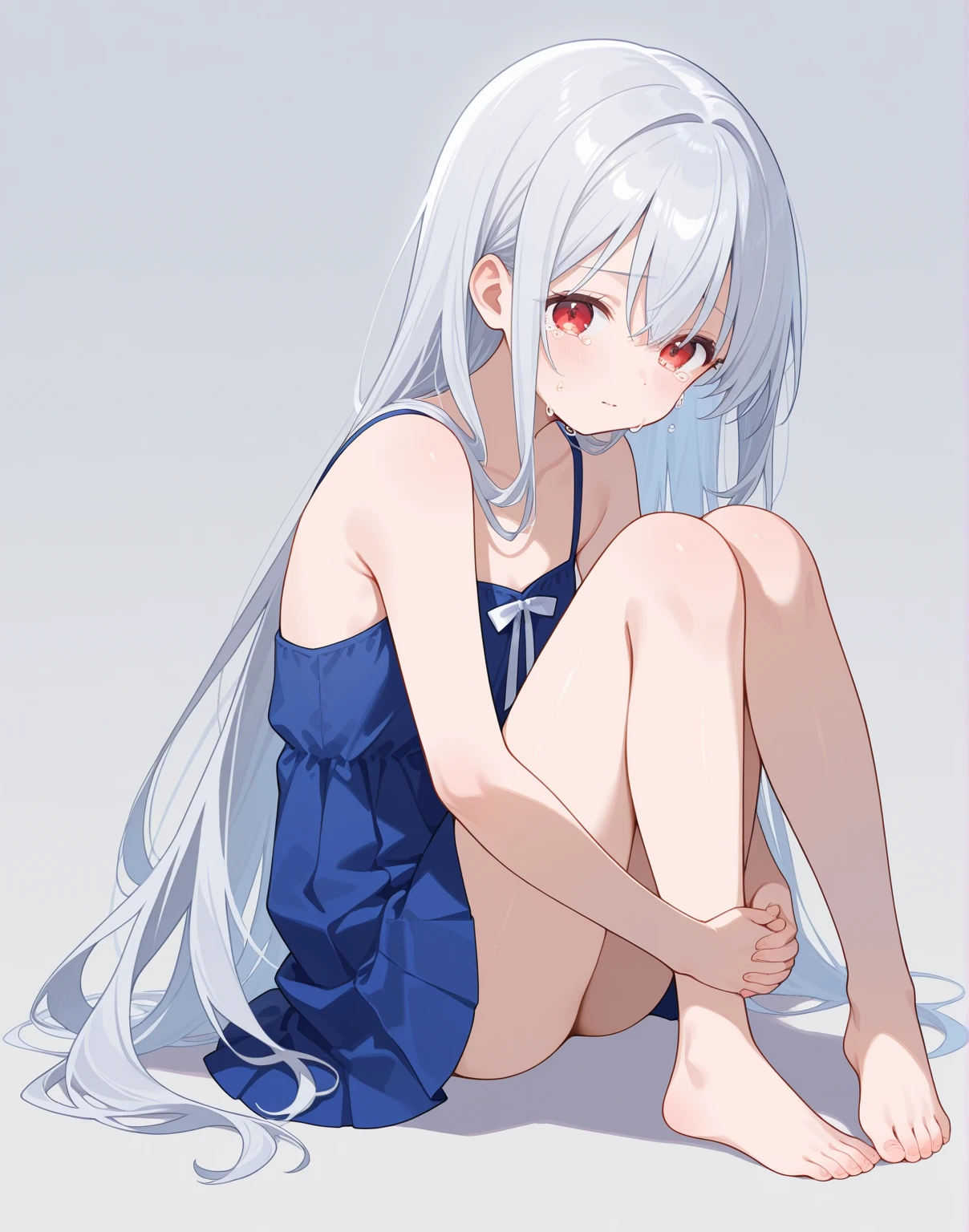 sitting, open clothes white kimono, flat breasts, white long hair, red hakama, bare legs, white background, ;q, expressionless,