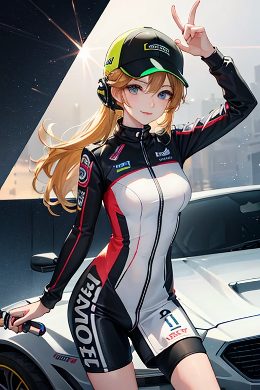 Remove all background,white solid background,black racing suit,Gradient light yellow hair,Neon hair accessories,Light brown eyes,Social People,stand at attention,ID photo,whole body