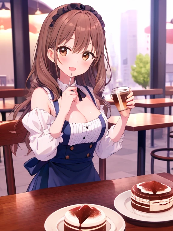 Italian girl with long curly brown hair, elegant dress sitting at a bar eating an ice cream, angular face
