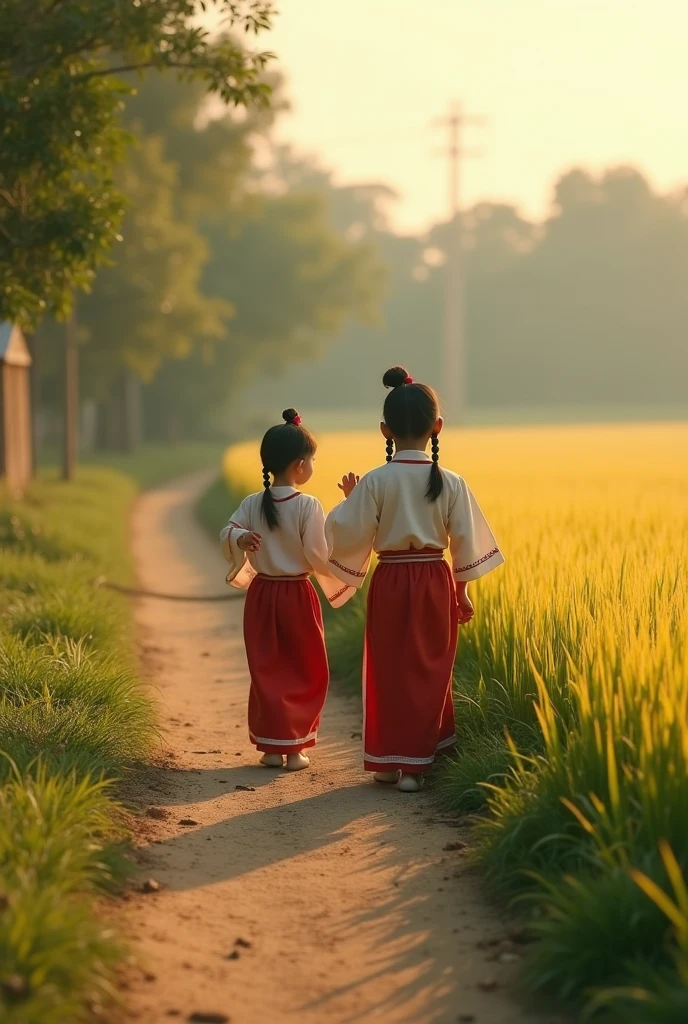 Two Tamil girl, wearing t shirt, walking in road, right side angle, realistic