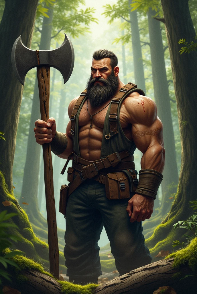 Make a tall strong bearded man with an axe in his hand in 2d