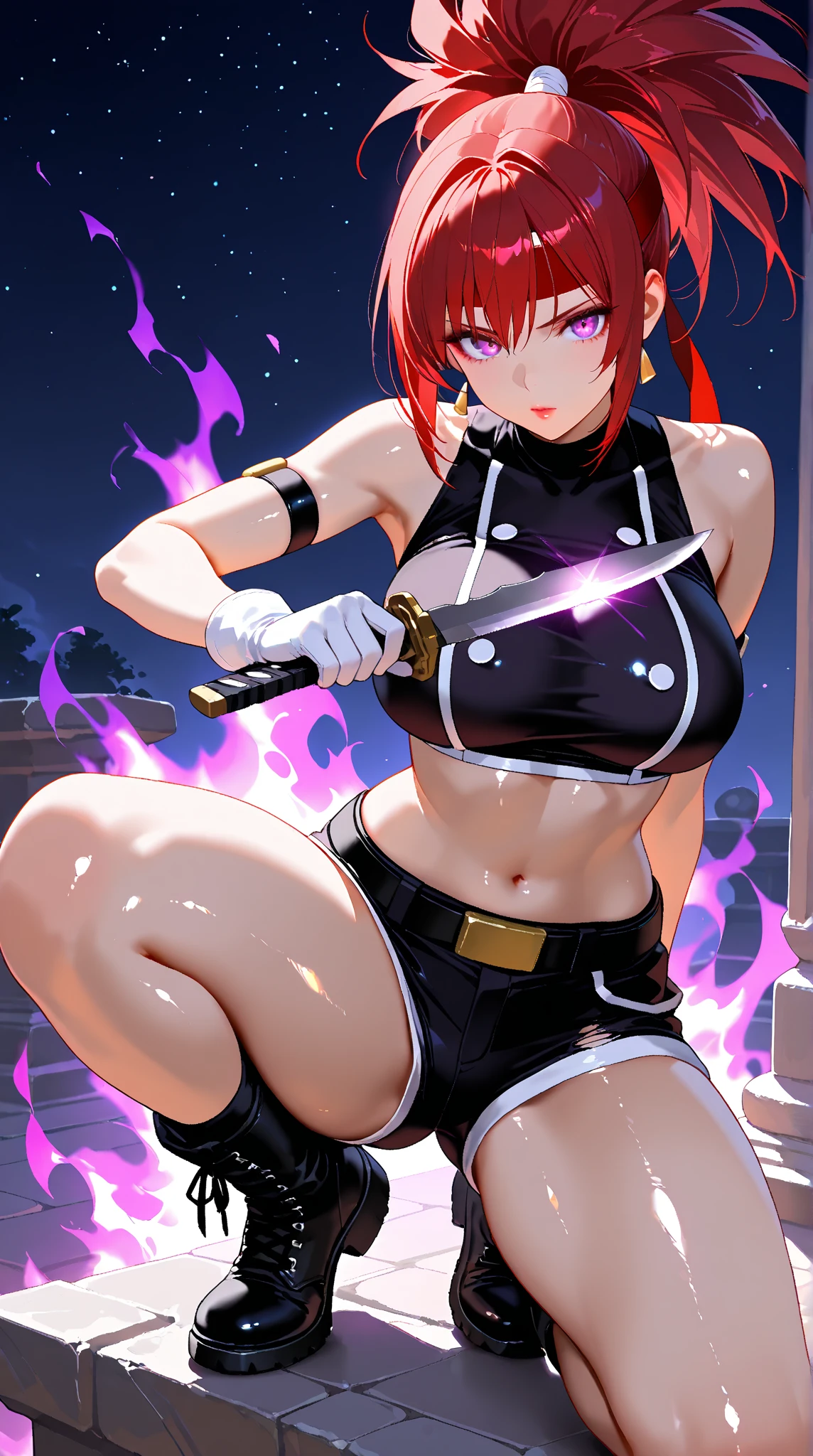 1girl, anime girl, white skin, red hair, straight hair, blue eyes, expresive eyes, perfect eyes, beautiful eyes, perfect face, perfect body, perfect anatomy, perfect hands, perfect legs, perfect fingers, perfect arms, in black armor, holding a sword, looking to the side, serious expression, war, ((masterpiece, best quality)), detailed background, professional, 8K, HDR, UHD, detailed clothes, highly detailed, realistic shadows, realistic light, perfect shadows, perfect light, realistic sun rays, contrasting colors, immersive
