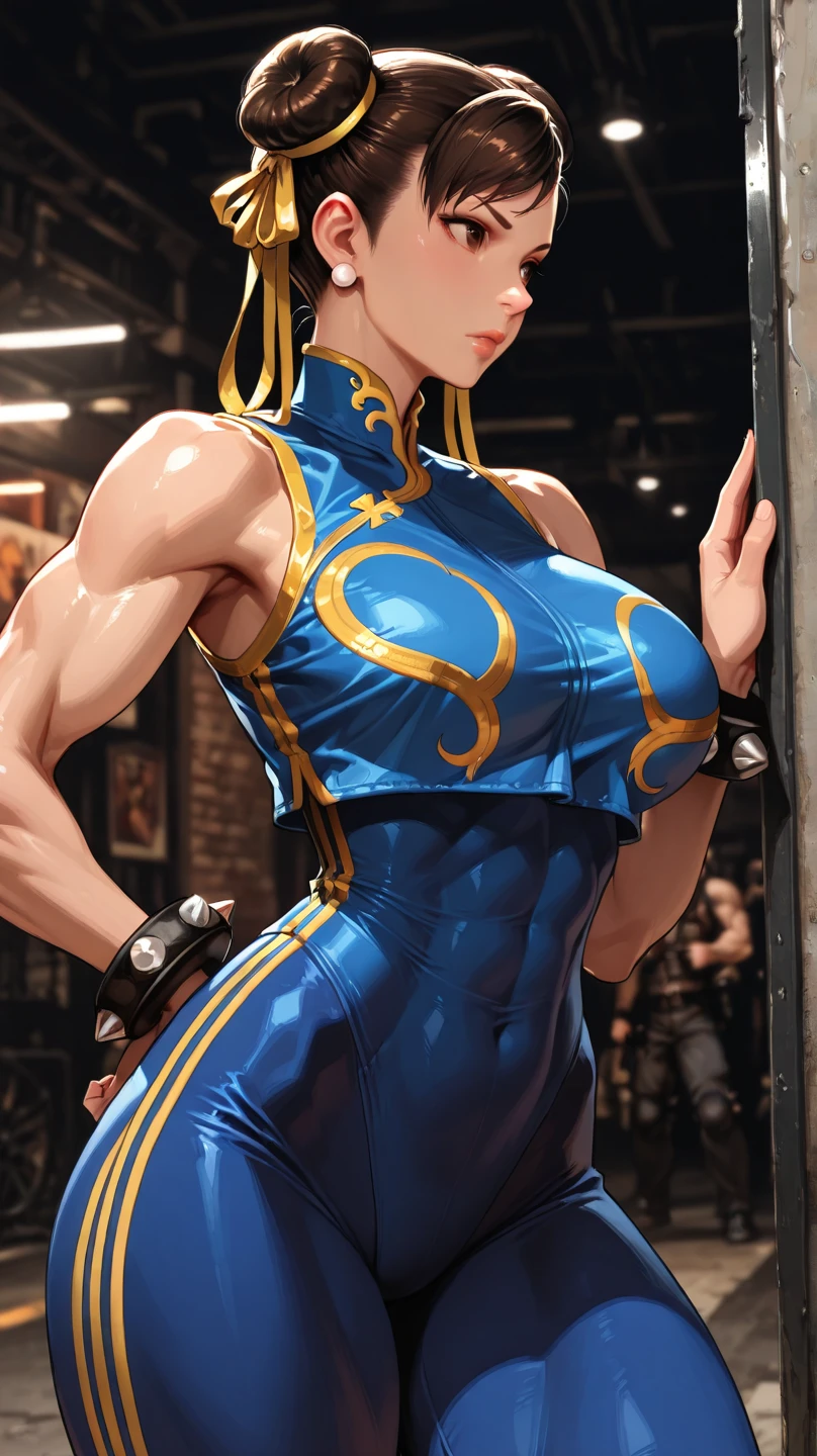  chun-li, (perfect face), defined jawline, beautiful brown eyes, beautiful lips, (short brown hair, hair bun, double bun), (perfect anatomy), (athletic body), (sexy), (thick thighs), (perfect hands), (blue cheongsam), tight blue track pants, spiky bracelets, looking at viewer, (medium full shot photograph), (fighting arena background), realistic,sexy pose