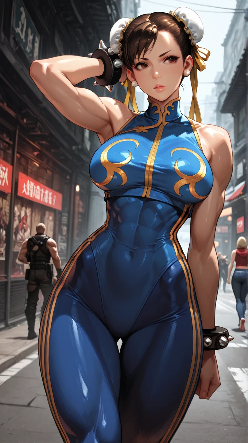 masterpiece,best quality,extreme detail,8k,cammyfn, 1girl, solo, Cammy, long hair, breasts, blue eyes,brown blonde hair, large breasts, gloves, red hat, braid, ahoge, twin braids, leotard, lips, makeup, beret, scar, antenna hair, nose, harness, huge ahoge, green leotard,sleeveless, sweaty,sweat, exhausted,sleeveless,cross eye, full body , 1girl, (solo:1.2), (jumping:1.3), (mid air:1.3), (cowboy shot:1.5), smile, happy, (masterpiece:1.3), (best quality:1.3), (perfect anatomy:1.4), highly detailed, chun li, brown eyes, short hair, double bun, bun cover, blue dress, pelvic curtain, spiked bracelet, sash, brown pantyhose, (post fight scenery:1.3), rubble, outside, daylight, nyantcha, expressive faces, anime-inspired, (cell shading:1.2), lips, merging