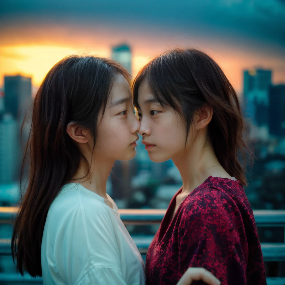 , Capture a 9yo 2girls sharing a tender moment at the top of a Ferris wheel ride. The height and lights can add a romantic and exhilarating feel.
