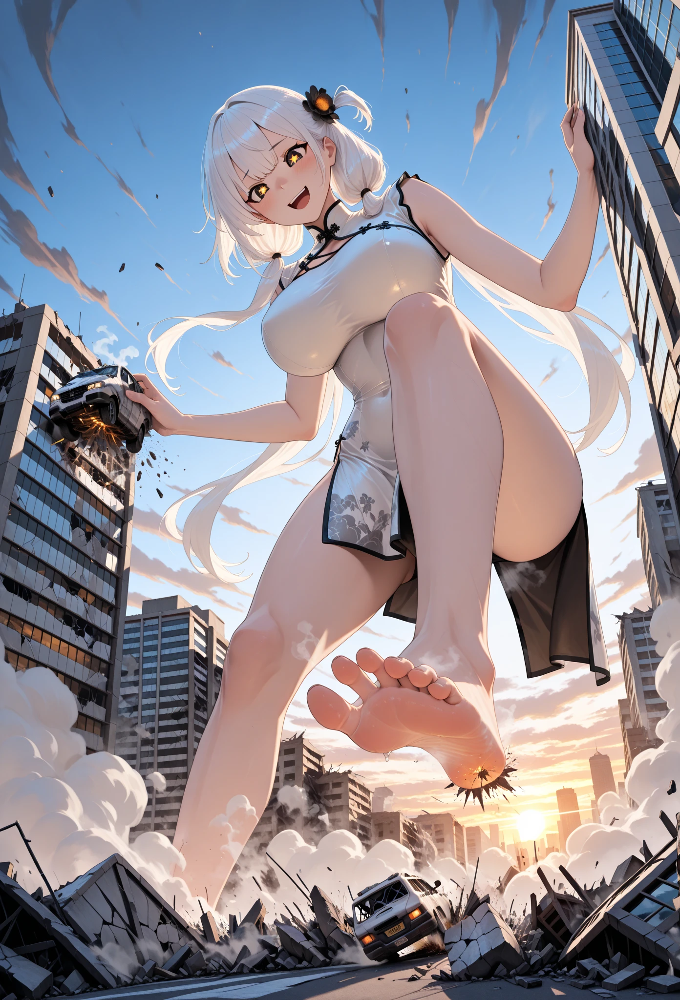 Sexy anime girl, white hair, red eyes, Sitting on building and crushing it, the building is collapsing, wearing latex pants,(orgasm, Ahegao, crossed eyes, she is happy and horny), (collapsing building)