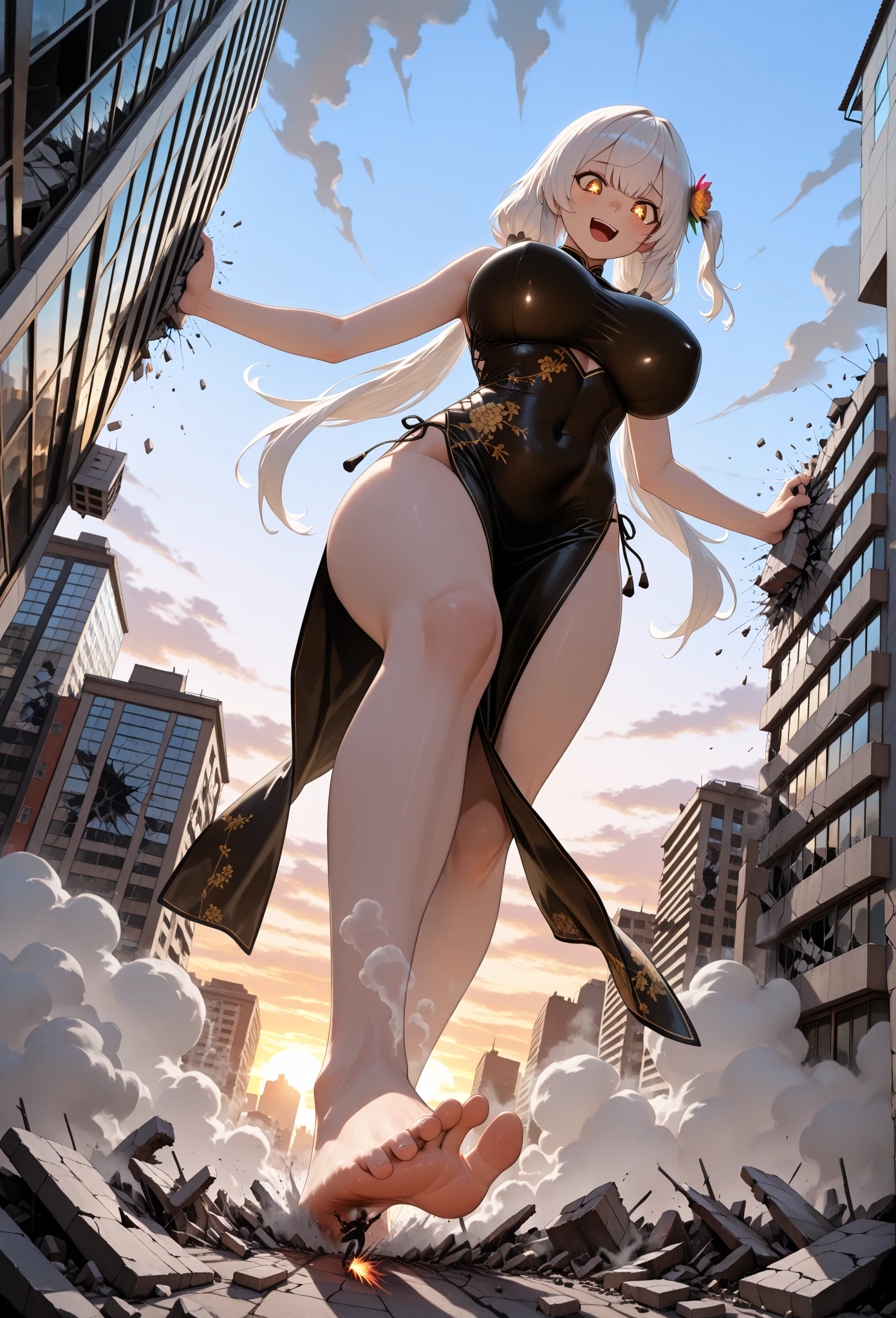 Giant Girl 50,000 feet high,Have a pair of long legs,Have a pair of huge breasts,Wearing a red bikini,Waist length blonde hair,Loose hair,Wear a pair of Mary Janes,Blonde curly hair,full of enjoyment,stand up in a crowded city, vandalism,It seems to be an invincible existence,Beautiful appearance,Exquisite makeup,quality,8K,High quality,(Governor:1.5),Perfect proportion, theater lighting,Film Grain,Fuji Colors,8K,Textured Skin,Super Detail,High Detail,high quality,high resolution,Fake laugh,morning,perfect body,full body image
