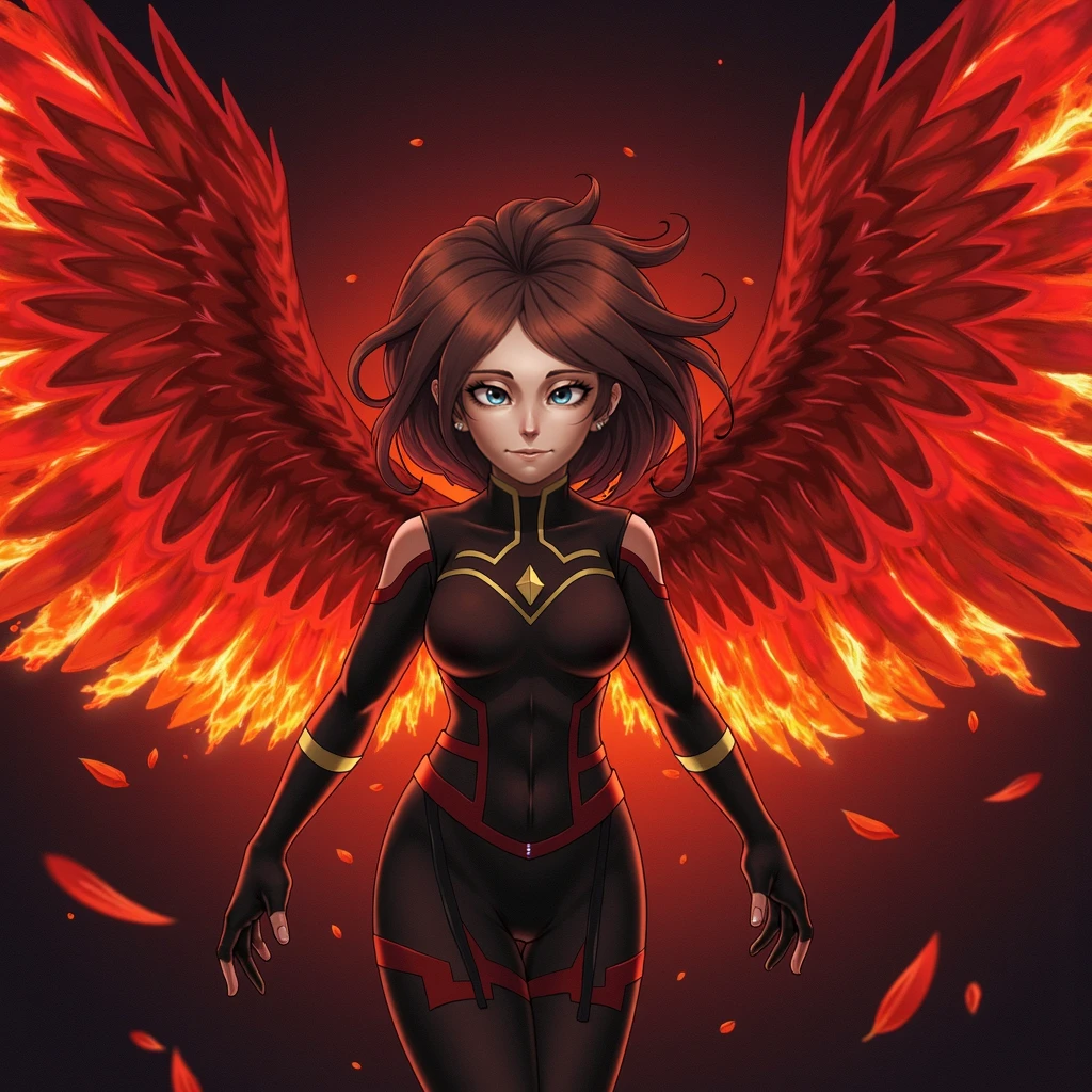 (1 garota), with amor thematic phoenix , (manga art style),Anime Visual, Obra-prima do anime, ((corpo inteiro)) , passaro de chamas ao fundo, concentrando fogo, correndo muito ,(visao frontal)