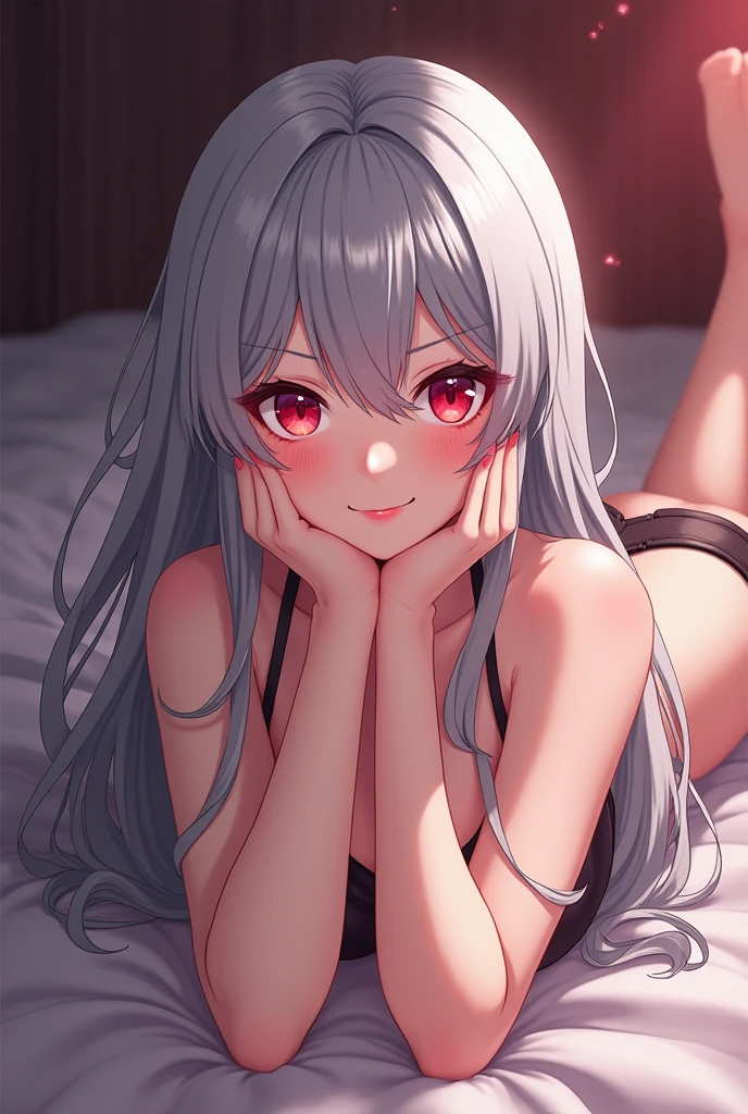 anime artwork, one girl, beautiful, white hair, medium breasts, bikini, all fours on bed, from above, naive