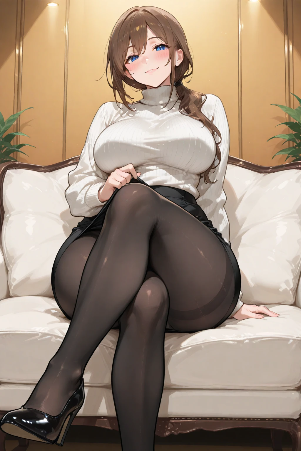 (table top, highest quality, High resolution, , perfect pixel, 4k,), 1 girl, single, alone, Beautiful woman、I could see the whole body、 ((wavy mid-length hair, bangs, brown hair)), ((brown eyes, beautiful eyelashes, realistic eyes)), ((detailed face, blush:1.2)), ((smooth texture:0.75, realistic texture:0.65, realistic:1.1, Anime CG style)), medium breasts, dynamic angle, perfect body, ((, female teacher, , earrings、necklace、turtleneck sweater、、black knee high stockings、((open both legs wide、open both knees))、Tight denim skirt、shy smile、Sitting at the pulpit、emphasize the chest)), Upper grade、、、evening、、(You can see the blue and white lace panties、、(、)、angle from below)、