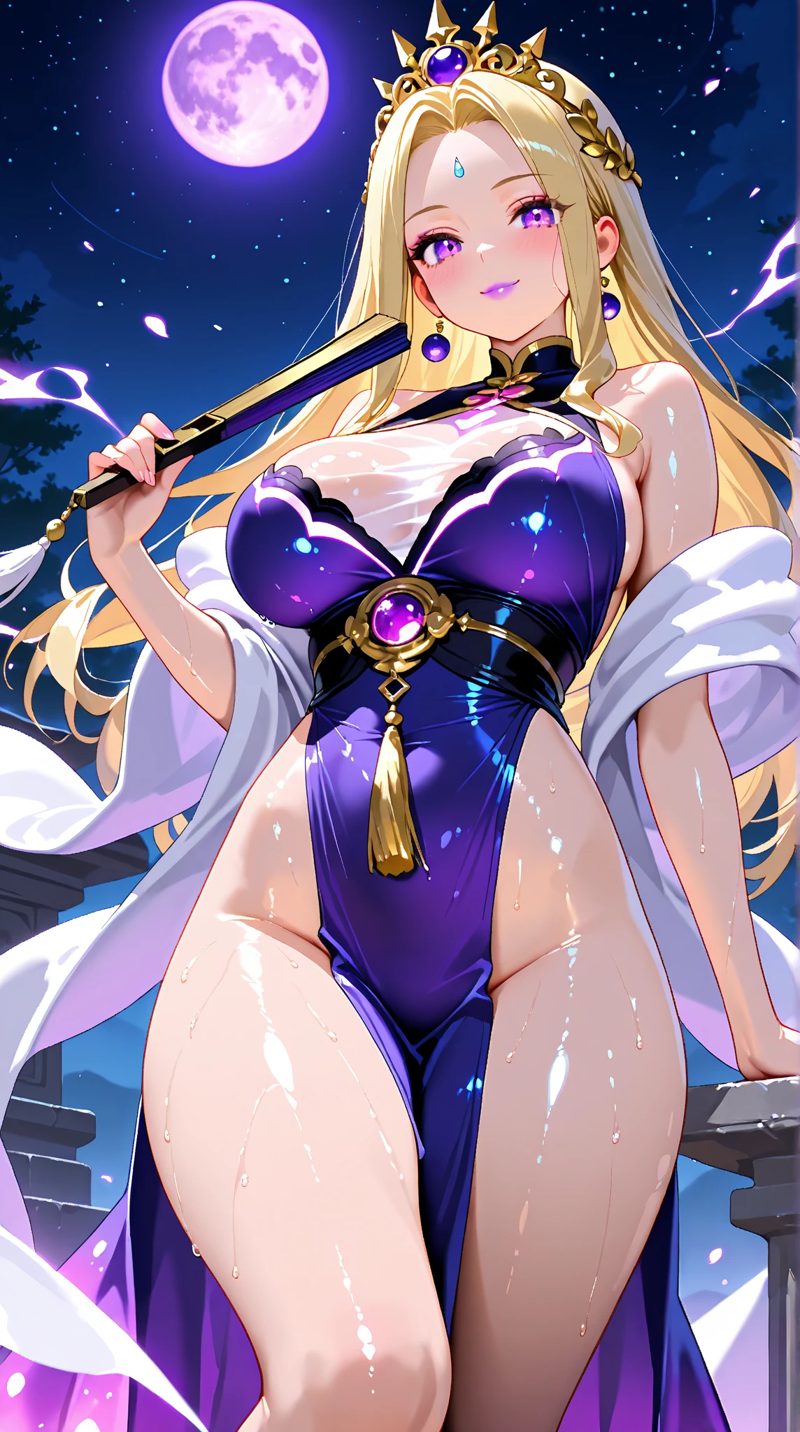 ((Best Quality)), ((Masterpiece)), (detailed), 1 girl, Pastel yellow hair, long hair, hair covers one eye, purple eyes, tight, big breasts, big thighs, expression smiling shy, with a white towel, in the hot springs