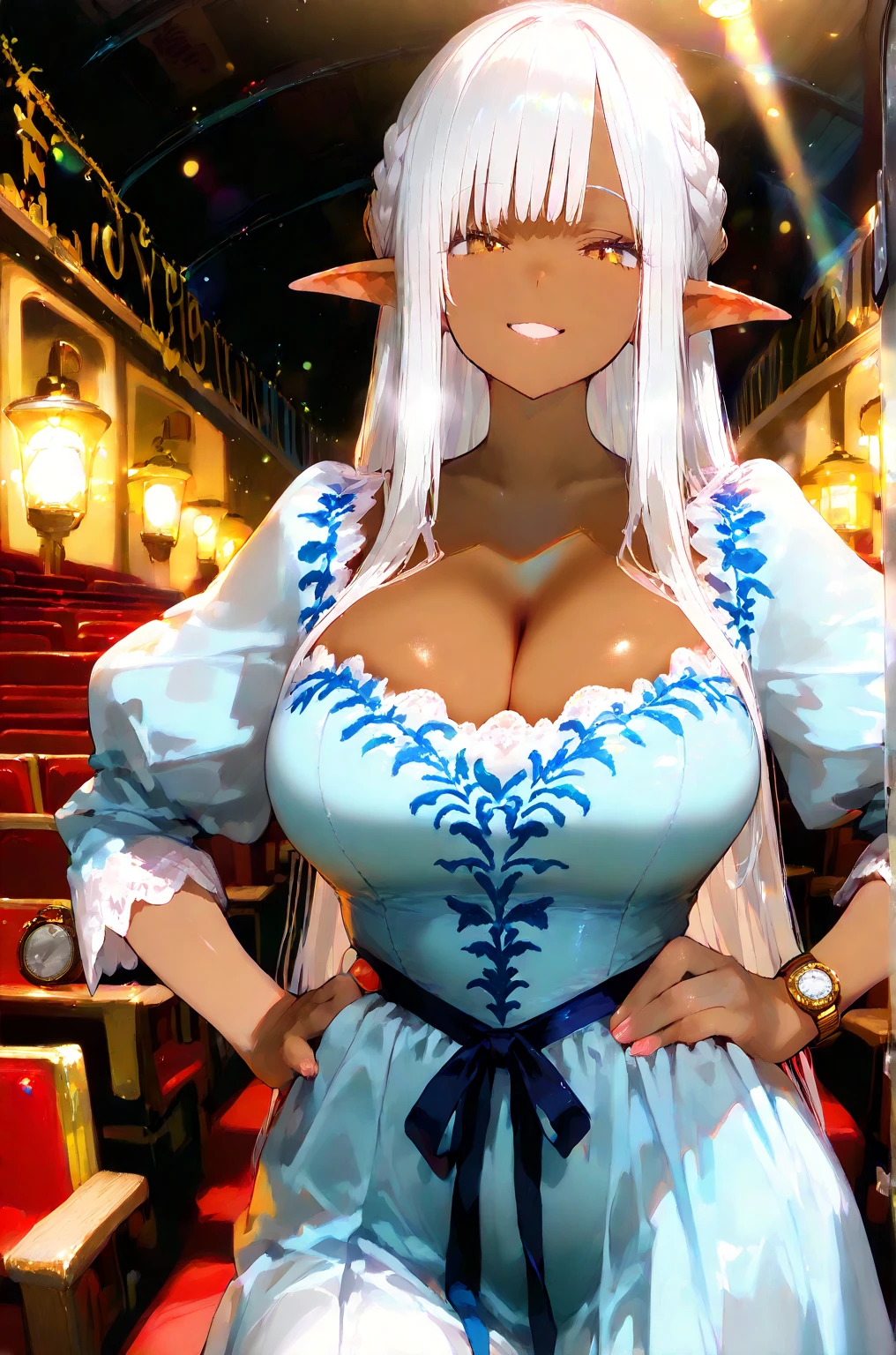17yo girl, elf, silver hair, long hair, hime cut, J cup breast, thicc thigh,  golden pasties on pussy and tits,  golden bracelets, golden strings, golden necklace, charming smile, fishnet on legs, golden heels, castle balcony view, clear view.