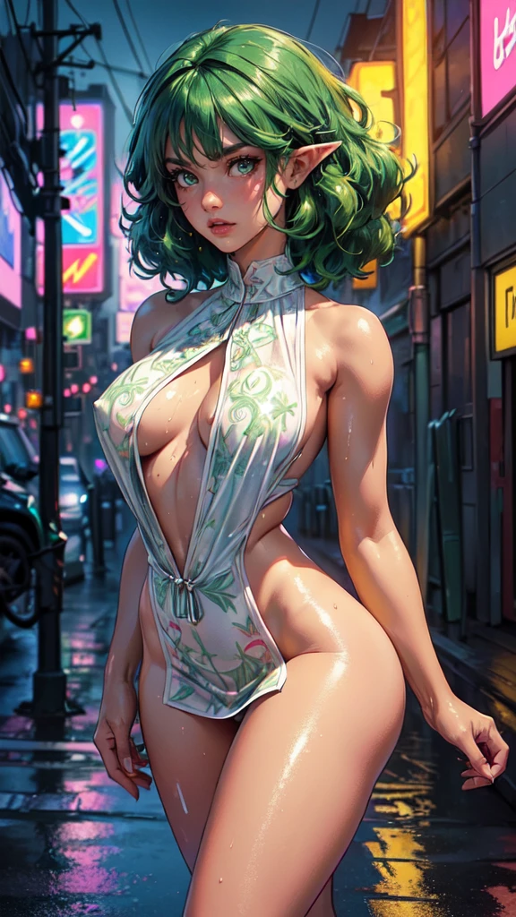 girl spacepunk,(((1girl))),((cute and beautiful afro haired girl)),((((black race)))), (large breasts:1.4),saggy breasts,((((Neon Green afro hair:1.35,((afro hair:1.35)),afrohair,afro:1.35,dark hair, Neon Green hair,Double hair bun:1.3)))),medium hair,((heterochromia:1.5, (yellow_eye and red_eye))),intricate eyes,beautiful detailed eyes,symmetrical eyes,((fat)),((((tan,dark skin,black skin:1.35,dark-skinned_female,dark skin:1.3,ebony skin,lustrous skin:1.5,bright skin: 1.5,shiny skin,very shiny skin,shiny body,illuminated skin,wet legs)))),(spider lower abdomen,narrow waist,wide hip,athletic body,inflated legs),(((detailed face))), cute,slutty,sensual,seductive look,seductive,erotic,enchanting,((nsfw)), revealing clothing,show skin,(((neon green fishnet dress))),((slave collar)),(((wet clothes,intricate outfit,intricate clothes))), (dynamic pose:1.0),solo focus,embarrassed,(centered,scale to fit dimensions,Rule of thirds), cyberpunk city by the ocean at night, with bright neon signs and dark stormy clouds and puddles, scenery:1.25, artistic photography,(photography taken by sldr),highres, sharp focus, (ultra detailed, extremely detailed), (photorealistic artwork:1.37),(extremely detailed CG unity 8k wallpaper),((synthwave background theme)),(((vibrant colors))),(intricate background),(masterpiece),(best quality),
