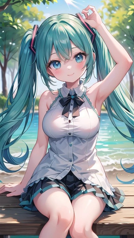 A girl in a transparent swimsuit with twin ponytails, the left hair is blue and the right hair is green, holding a red balloon