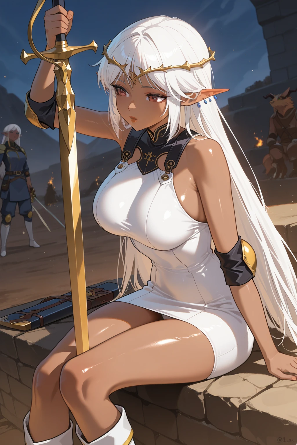 ((masterpiece, best quality)), insaneres, absurdres, solo, outdoors,
ANI_CLASSIC_pirotess_ownwaifu, www.ownwaifu.com,
long hair, pointy ears, elf, dark skin, dark-skinned female, dark elf, breasts, white hair, circlet, large breasts, very long hair, yellow eyes, lips, armlet, long pointy ears, lipstick, makeup, bangs, nose, earrings, toned, silver hair, hair over one eye, forehead jewel, necklace,
cleavage, white gloves, thighhighs, white legwear, armor, elbow gloves, no bra, breasts apart, belt, center opening, open clothes, short dress, white thighhighs, white dress, thighs,
narrow waist, sheathed,
(contrapposto, looking back)<lora:ANI_CLASSIC_pirotess_ownwaifu-15:0.75>,
lens flare, depth of field, bokeh, embers, vanishing point, looking at viewer,