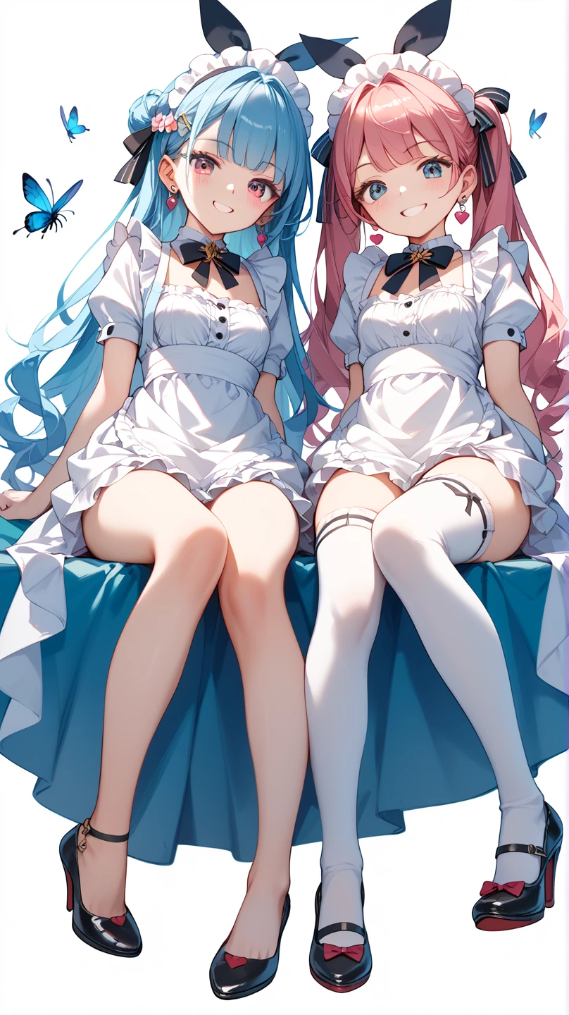 (long beautiful pinky hair) blue cutes eyes, (Eyes behind long bangs) big breasts, Sitting pose using accessories (using socks) perfect shiny beautiful cyan shoes (Wearing luxurious palace maid clothes Perfect perfect noble) Pose facing sideways (Girl1, straight hair not too long, bangs covering one eye, soft face, gentle smile) long pink hair, beautiful cyan eyes (Sitting pose, right hand down, left hand down, leaning pose, smile kawai, (blank white background) Wearing a blue corset, (Using a beautiful bright blue ribbon) Kawai shy cute eyes (cyan colored shoes must be shiny, Must wear short white socks) Short custom maid sleeves reaching mid-shoulder