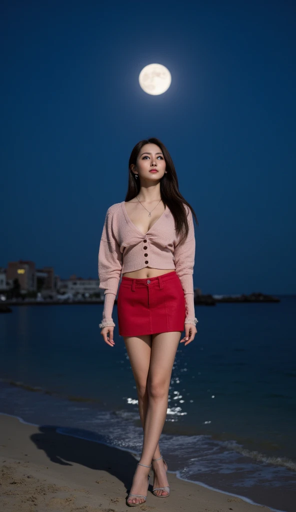 Ultra-detailed 8K photos of Japanese gravure models，Shoulder-length wavy hair and stunning hazel eyes. She poses seductively on a tropical beach, Dress chic, Vest,  mini skirt, The afterglow of the setting sun fell on her, When she playfully, Looking at the camera, Surrounded by the tranquil beauty of the ocean and palm trees
