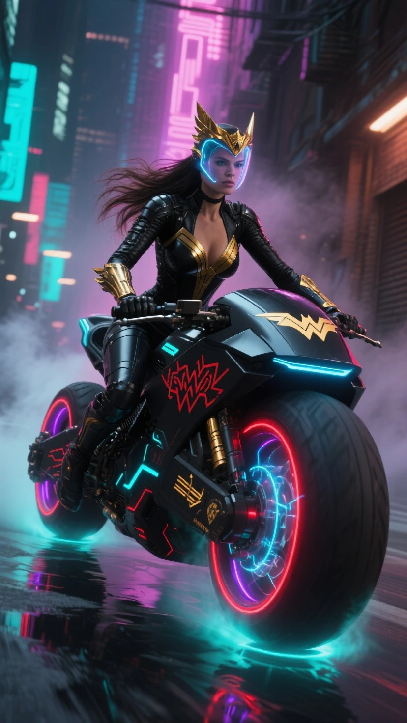 C7b3rp0nkStyle, dark night, prehistoric maze mysterial park, moai statue, waterfall, eagle, cyberpunk, sci-fi, futuristic, tech. (((((1girl, solo, alone, superbiker, close-up superbike shot))))), medium-breast:1.1 slim body, cleavage, sexy clothes, (headphone, black sunglasses, long black realistic hair), (((superbike riding and holding pistol poses))), half-body thigh level medium shot, cinematic lighting, lens flare, ray tracing.