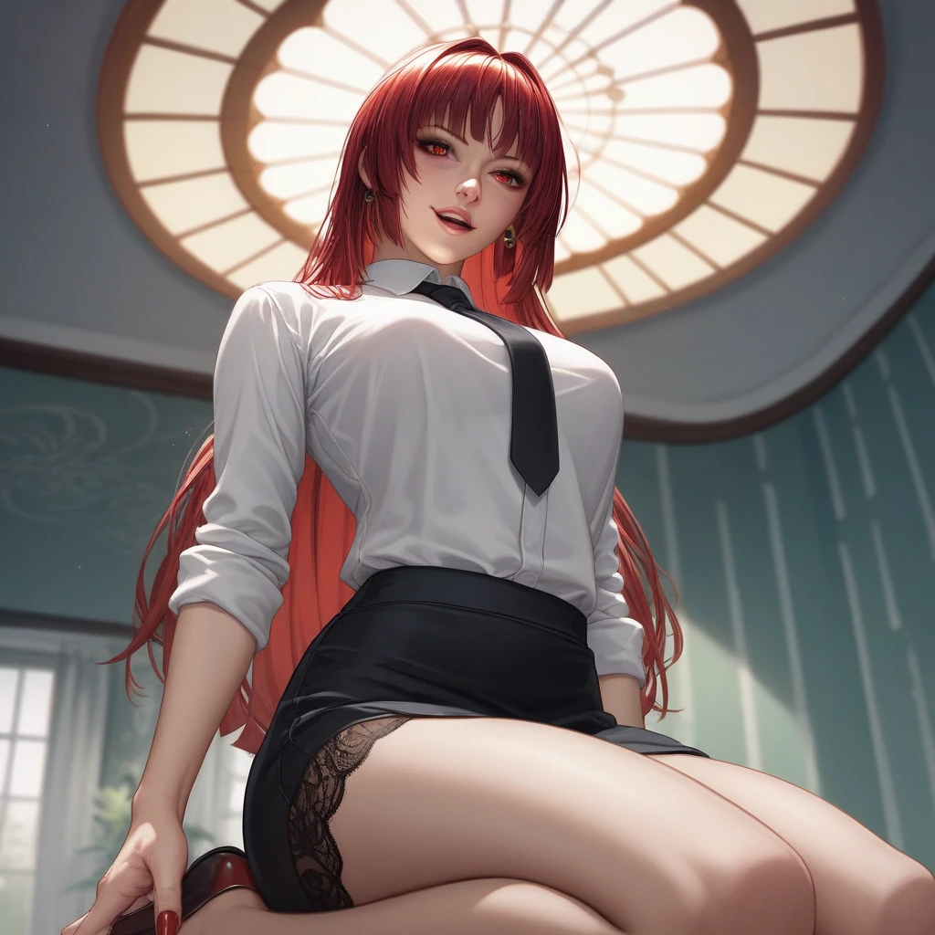(Prominence in Masterpiece, Best Quality: 1.2), solo, 1 girl, Miku nakano, serious, mouth closed, looking at viewer, hand on face, sitting, legs crossed, collared shirt, tie up, skirt, stockings , big thighs, big breasts)