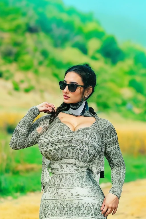 Full body photo of SEXY 50YO MATURE MILF AISHWARYA RAI as MILF MODEL, (((removing clothes))), ((black denim shorts with red mini shirt)), ((high knee boots)), (((seductive posing in mountain top))), day scene, mature MILF hourglass figure, massive breasts with huge cleavage, look straight at camera, ((bob cut hair)), sexy 50 yo mature MILF, soft volumetric lights, intricate details, (ArtStation:1.2)