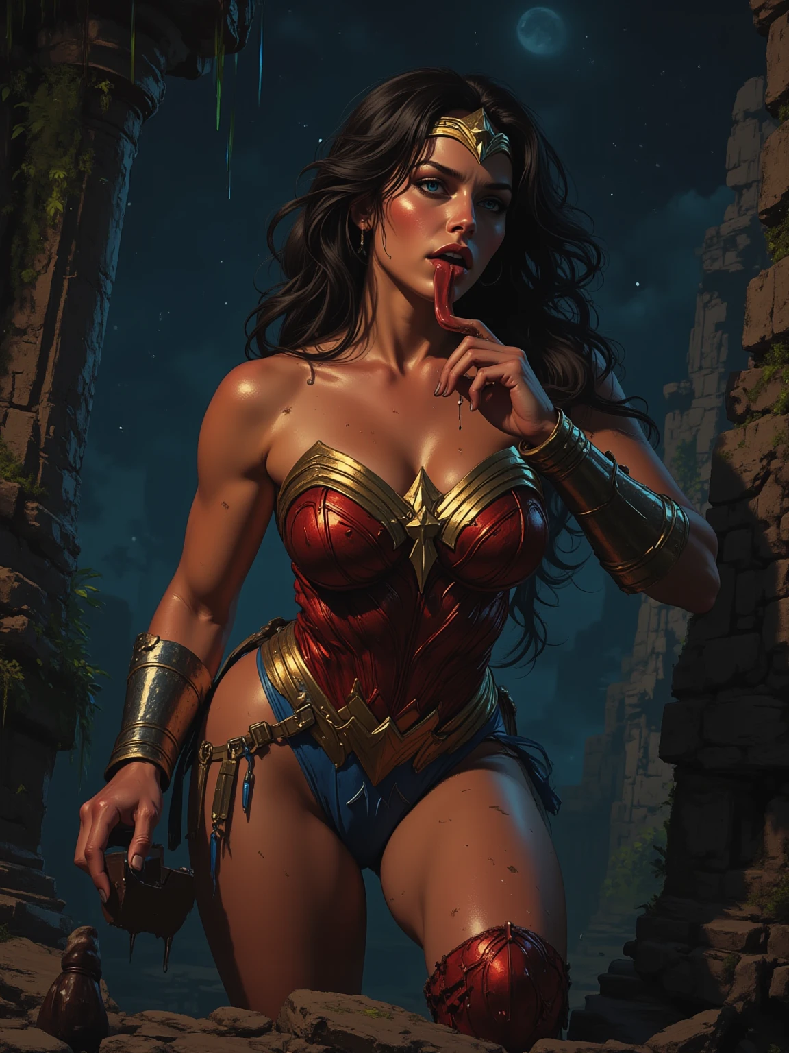 Masterpiece, candid photo, Wonder Woman, (delicate detail, makeup), (delicate and beautiful delicate face, delicate and beautiful delicate eyes, face with perfect proportions), (delicate and radiant skin: 1.2), delicate skin, strong and realistic blue eyes, realistic black hair, lips, makeup, natural skin texture, tiara, jewelry, star \(symbol\), leotard, bulletproof gauntlet, red knee-high boots, golden belt, (public dress: 1.5), bare shoulders, slightly sunburned,  Mature, sexy, elastic muscles, (muscles: 1.2), ((strong and healthy body)), (more) muscles))), long legs, curves, (big breasts: 1.3), thin waist, soft waist, (delicate skin), (beautiful and sexy woman), (swollen lips: 0.9), (eyelashes: 1.2), (skin hollows), very delicate muscles, breasts, solo, split, pretty face, perfect body, muscular, detailed face, realistic skin details, clear focus, realistic face, realistic skin,  Detailed eyes, detailed facial features, mature woman, high detail, very detailed, retro, moaning in pain, feeling in pain, 4k very detailed realistic, (whole body including legs)), forest jungle floor, photo of Wonder Woman sleeping on her back, wet skin and hair, big breasts, fingers under the panties of Hafu, perfect body, open (perfect body, small ke), stylish photorealism, high-definition system details,  Photography, clarity, unique 850 4, Koda850K portrait camera, f1.6 lens, rich colors, surreal textures, gorgeous light textures, surreal art, stylish Cinestil 800 movement, frowns in pain, unconscious, closed eyes, from above,