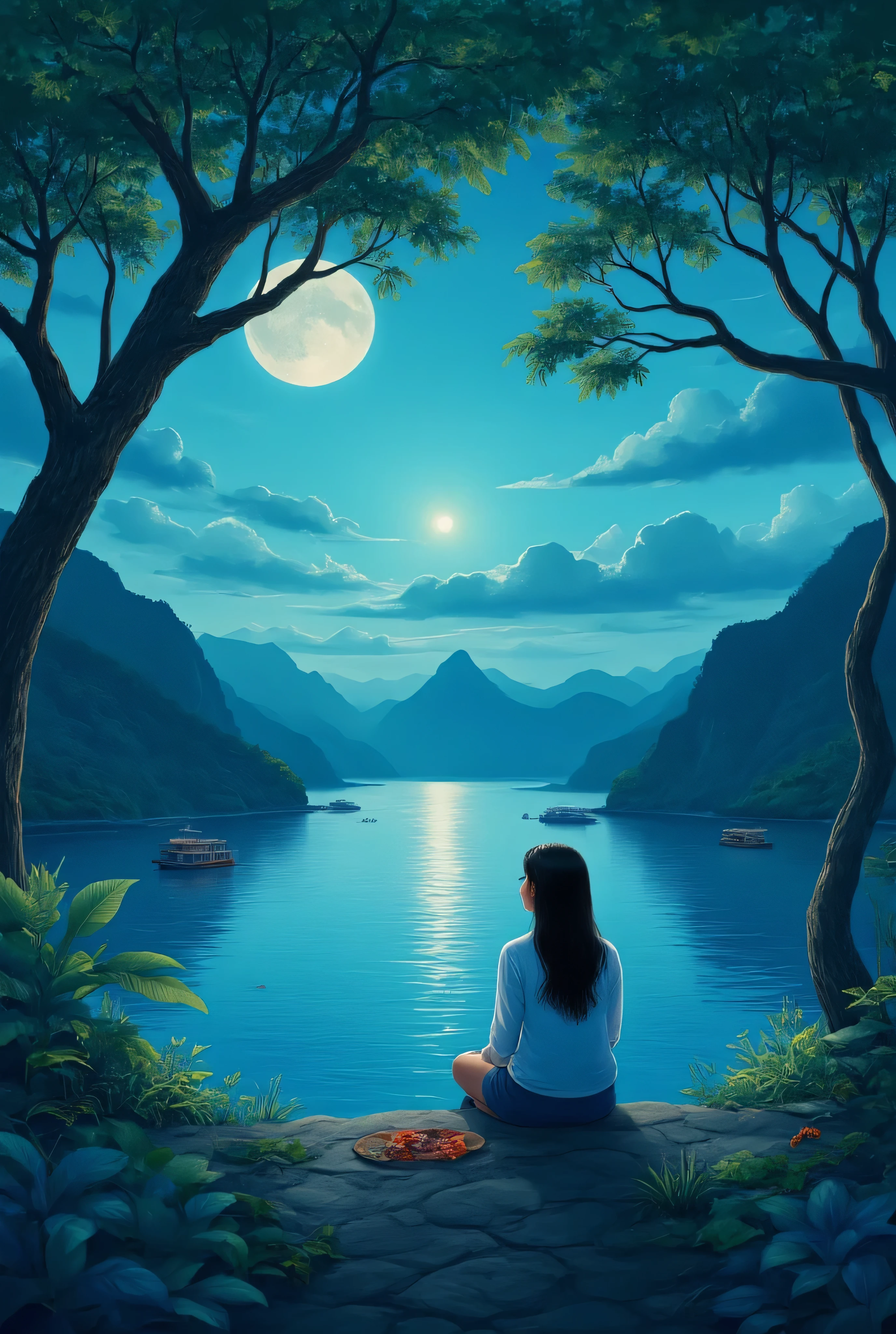 High Definition Images、家のある Vietnamの night view、 Halong Bay、 night viewとともに、 Vietnam、moon明かりで視界が良く良い景色、moon、The bay in front of me、quiet night、Green and Blue、Digital Illustration、4K high detail digital art、 night view、 Anime Art Wallpaper 4K、 Anime Art Wallpaper 4K、 4K detailed digital art、 Natural landscape at night 、 Anime Art Wallpaper 8K 、 background artwork、 Beautiful 4K Art 、 4K HD illustration wallpaper woman sitting and crying with anxiety