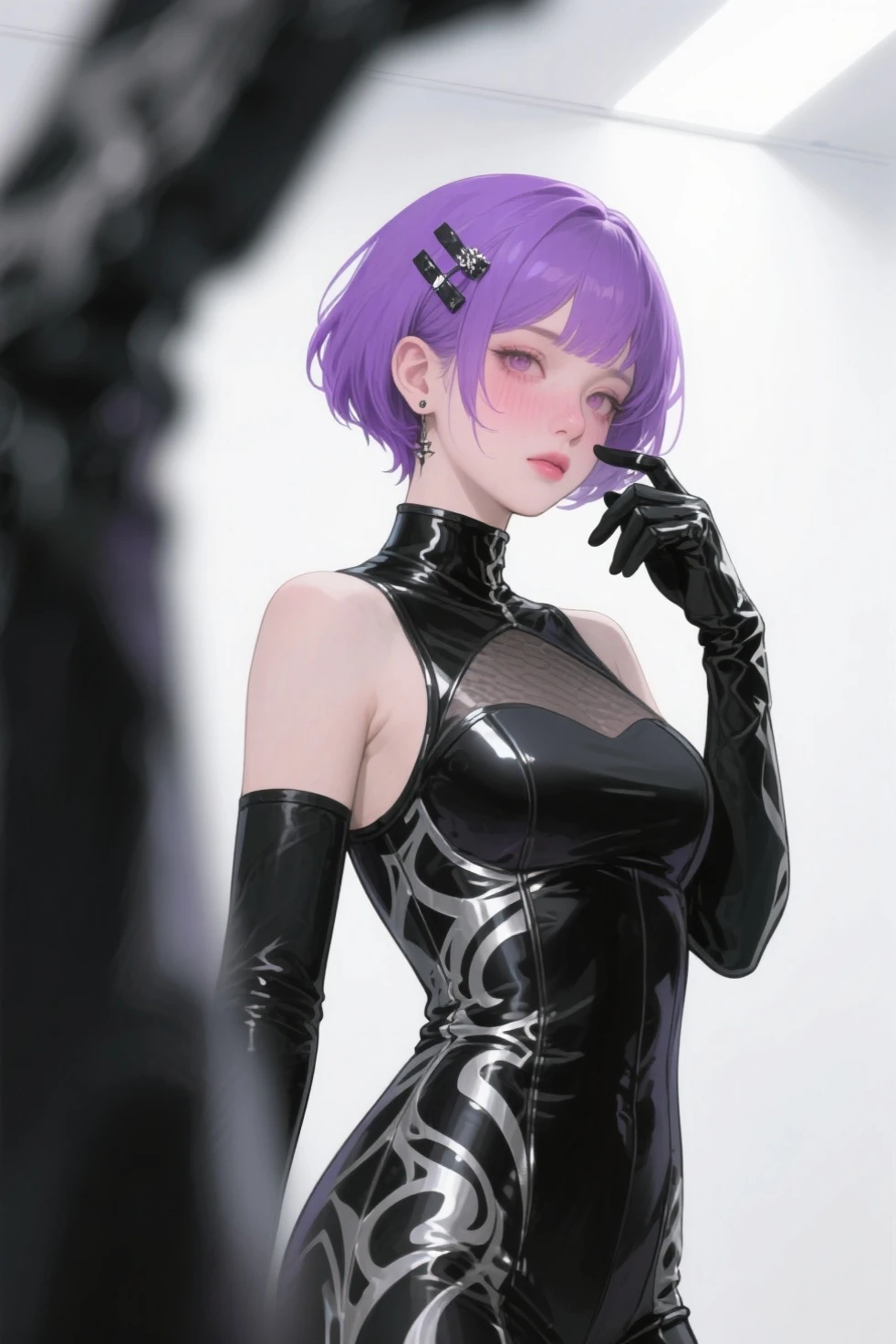 （​masterpiece，Sideslit，Beautiful eyes：1.2），（​masterpiece*sportrait），sportrait，busts，（busts），Lifelike，Anatomical correct，3D脸，luscious skin，（solo），Hair with pick-dye，Gradient hair，（closeup of face），Lovely face，（Fire opal-like purple eyes），Hanging eye corners，（（highdetailskin，Visible pores）），（Perfect body），A beautiful girl，Cleavage small breasts，（（short_jumpsuit）），（neck rings），very short gloves，（chain）