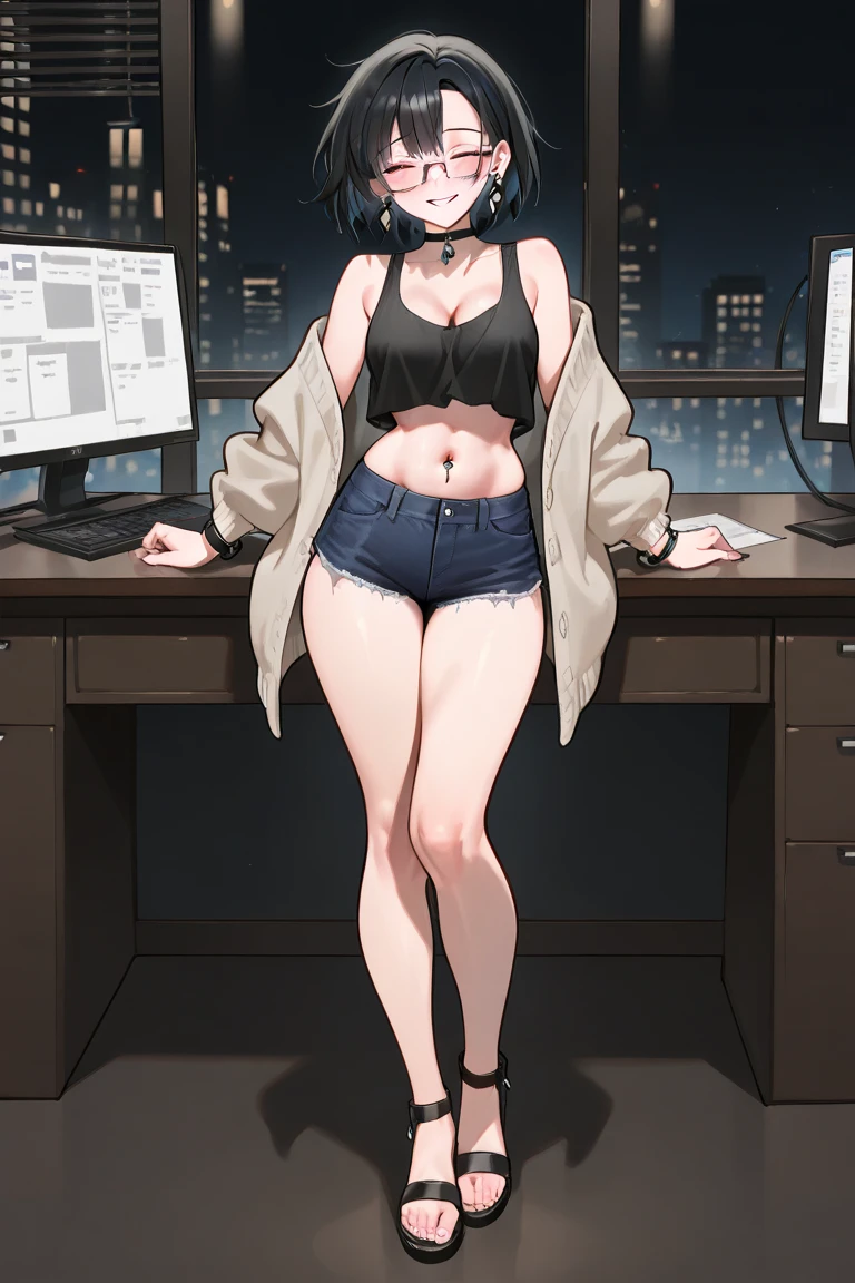 dyed redhead  girl, hair just below the shoulders and layered cut, He wears black glasses and is white, wear a black sweater and shorts, He is in his room playing on a PC