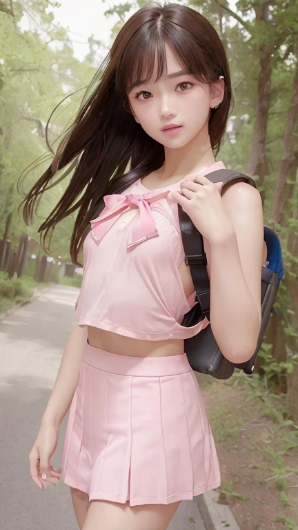 masterpiece, High resolution, Portraiture, Highest quality, High resolution, (1. Female:1.3), Realistic, alone, Wear a T-shirt and miniskirt, , Daytime shopping, street, The city will carry pink school bags, Side view, (School backpack:1.0)、Pussy
