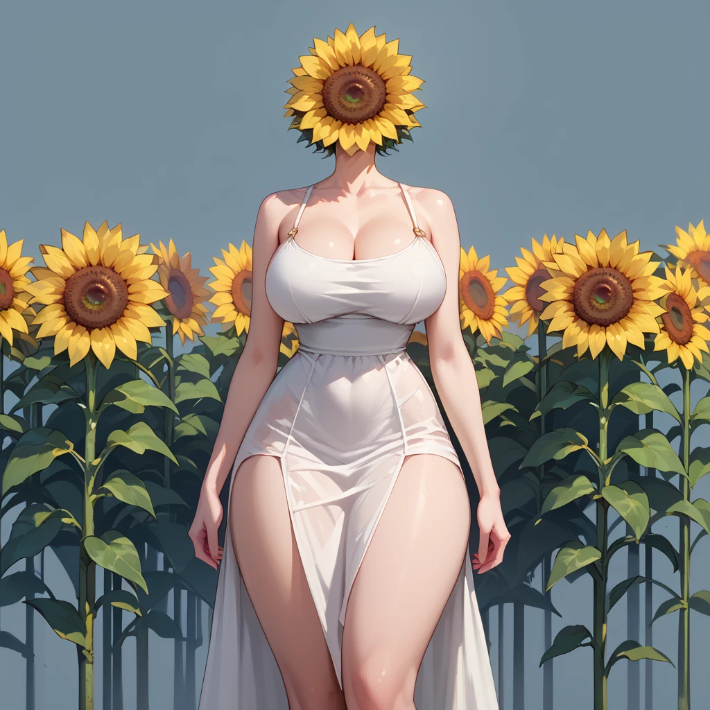 1 girl， ((raised huge round buttocks)), Wide  A sunflower field in full bloom，Back view of a woman in Translucent white thong (underwear),long shot,wide view, commercial photography，award-winning photograph，(photorealistic),unity 8k wallpaper,(ultra detailed:1.3),(light_on_face:1.4)，CanonEOS 5D MarkIV DSLR