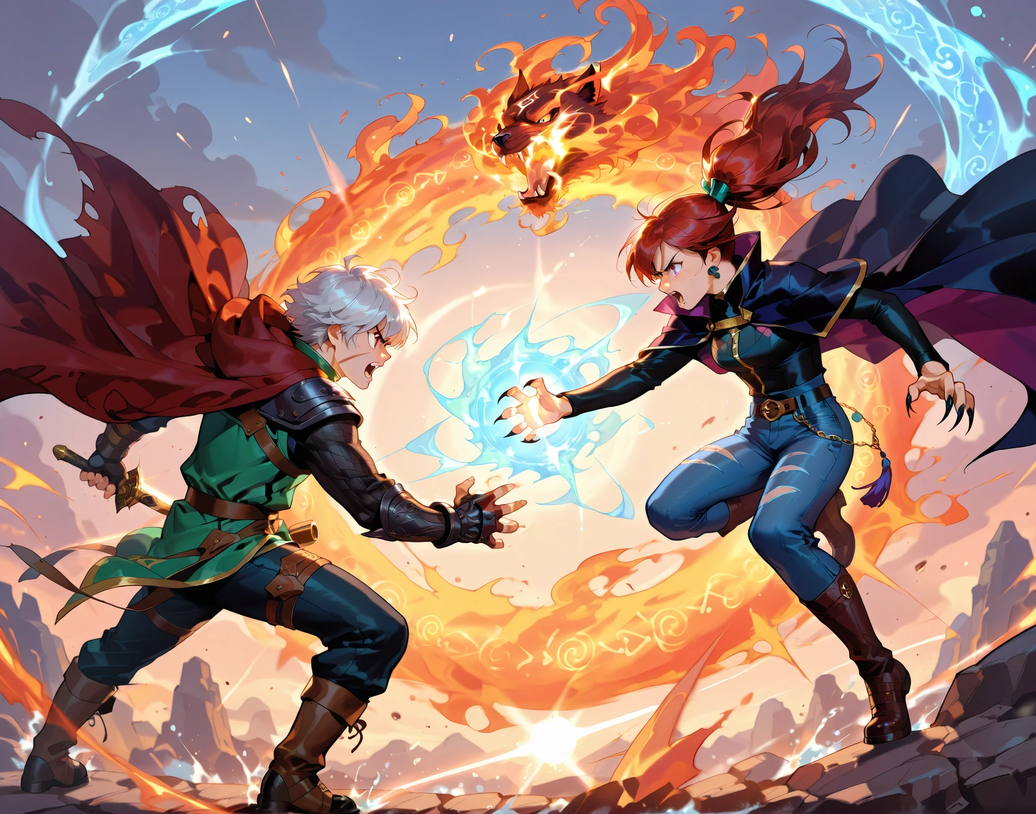 a dramatic battle scene between two anthropomorphic cat warriors, one casting elemental spells with fire and water, wearing a mage's cloak with runes, and the other a wild-haired fighter in leather and denim, slashing through magic with claws and energy, epic confrontation, sparks flying, magic colliding, fantasy setting, cinematic lighting, dynamic composition --v 5 --ar 16:9