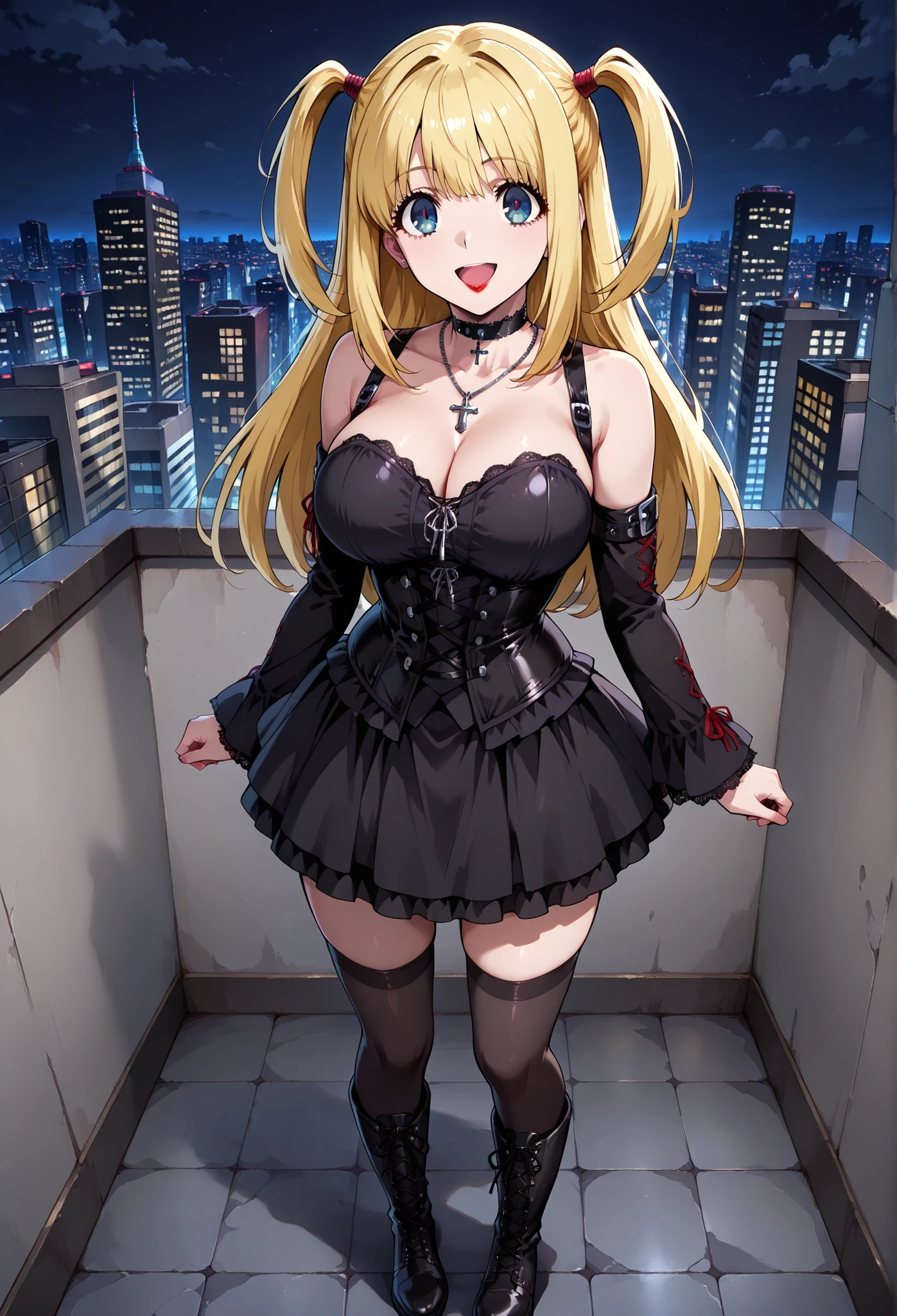 official style , amane misa , 1girl , solo , blonde hair , blue eyes , bangs , long hair , red lips , two side up , gothic , black choker , black detached sleeves , cross necklace , black corset , lace-up boots , black thighhighs , Standing on the roof of a skyscraper, In the background the city of Tokyo, looking at viewer , smile , open mouth , Large Breasts (F70) , Night, Sensually takes off her black skirt, Stands sideways to the viewer,