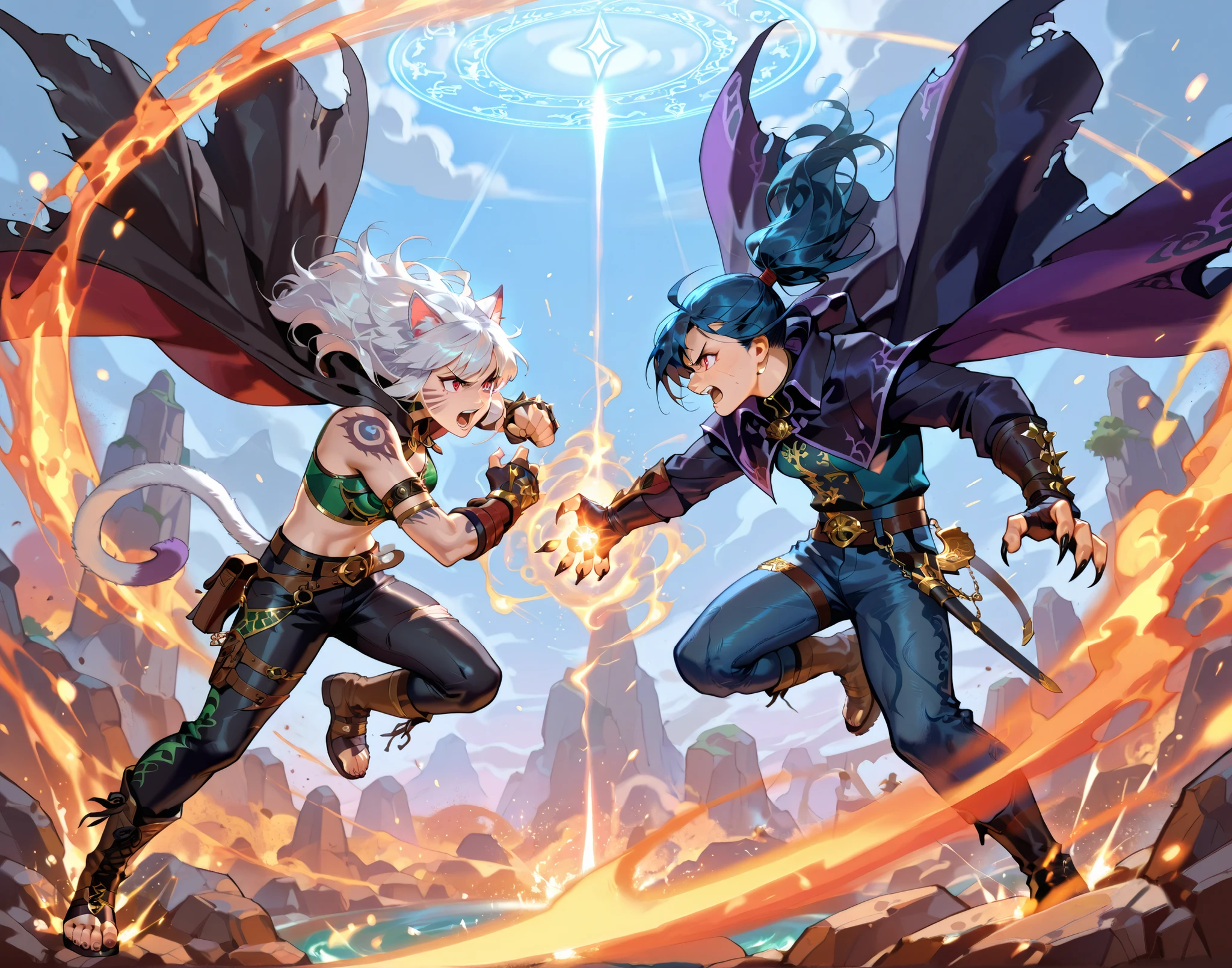 a dramatic battle scene between two anthropomorphic cat warriors, one casting elemental spells with fire and water, wearing a mage's cloak with runes, and the other a wild-haired fighter in leather and denim, slashing through magic with claws and energy, epic confrontation, sparks flying, magic colliding, fantasy setting, cinematic lighting, dynamic composition --v 5 --ar 16:9