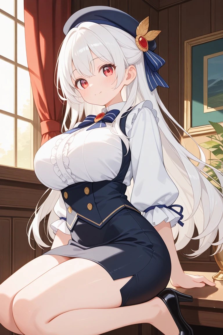 Aula al atardecer, ventana con cortinas, el viento sopla por la ventana, Pelo largo y blanco, with the crimson red eye uncovered, flequillo que cubre un ojo, camisa escolar ajustada y de corte bajo, Sentado en un escritorio, Piernas cruzadas, muslos gruesos, Piernas refinadas, medias negras largas translucidas, sonrisa coqueta, dedo tirando del escote, Botones de apertura, senos expuestos, manga corta, falda azul marino oscuro, POV frontal, cara bonita, High resolution, Mirada enfocada