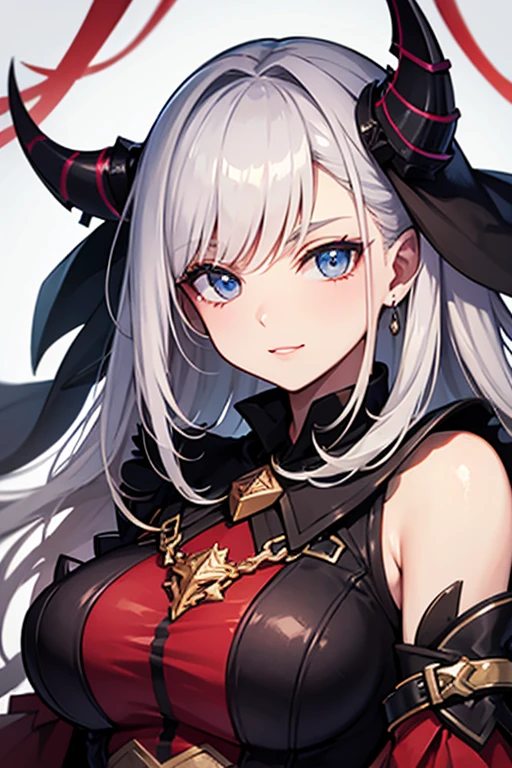 A woman, villain, queen, white hair, red eyes, black and red dress, purple longsword
