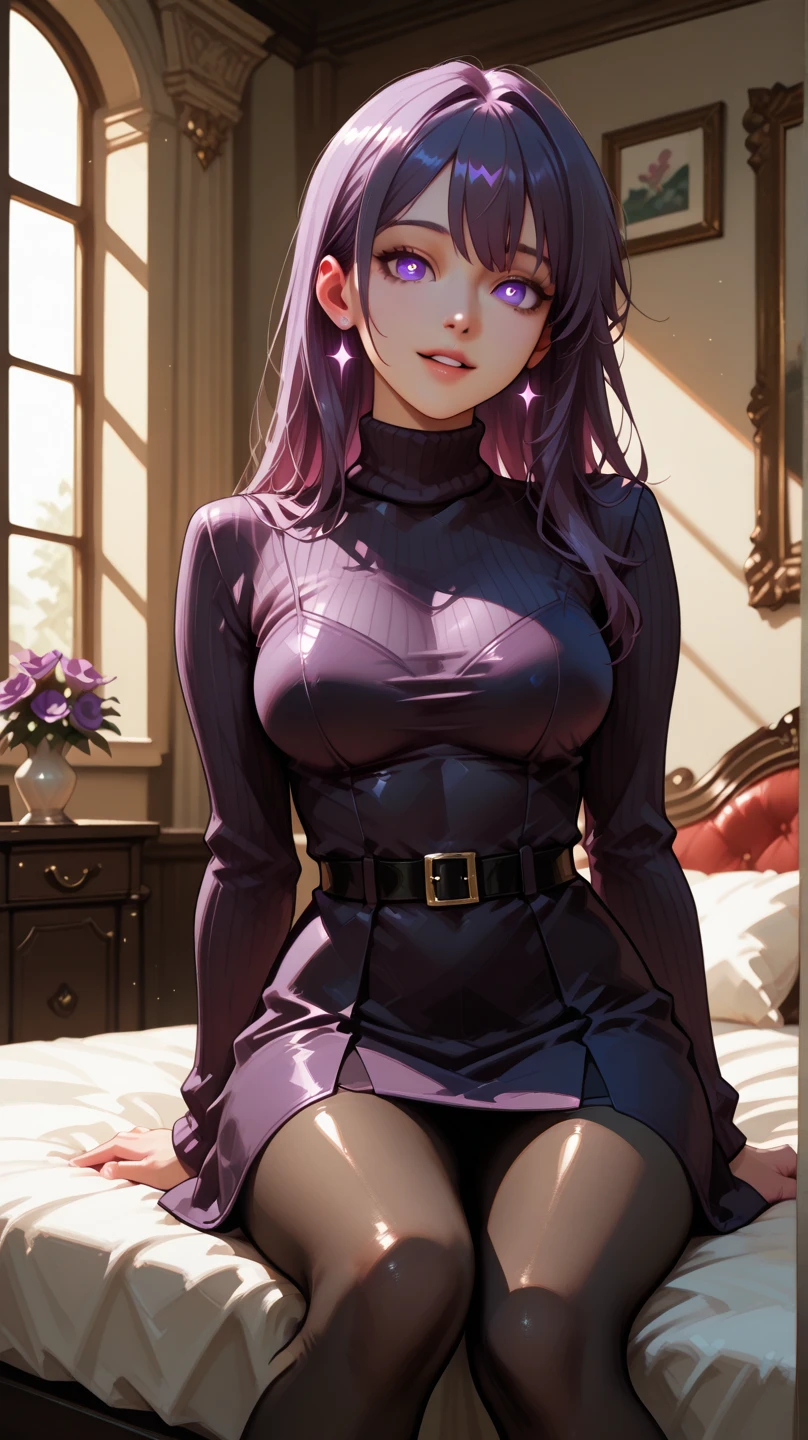 (masterpiece, best quality:1.2),((photoreal)),perfect anatomy,solo, ((1 middle age woman)),Haman_Khan,((looking at viewer:1.4)),horizontal angle,((shoot from front:1.4)),((small soft breasts:1.4)),((soft Piutuary breasts:1.4)),((muscular:2.0),((do not hide your crotch)),((do not show your skin:1.4)),(cod lips),holding head high,((sitting on the chair:1.3)),(leaning back),(spreading legs wide:1.3),detailed hair,sidelocks hair,right pink hair,turtle neck black dress,(satin dress),silk dress,mermaid line dress,((puff sleeves)),long sleeve,juliet sleeves,high heel,((purple shiny rubber leggins)),sharp focus