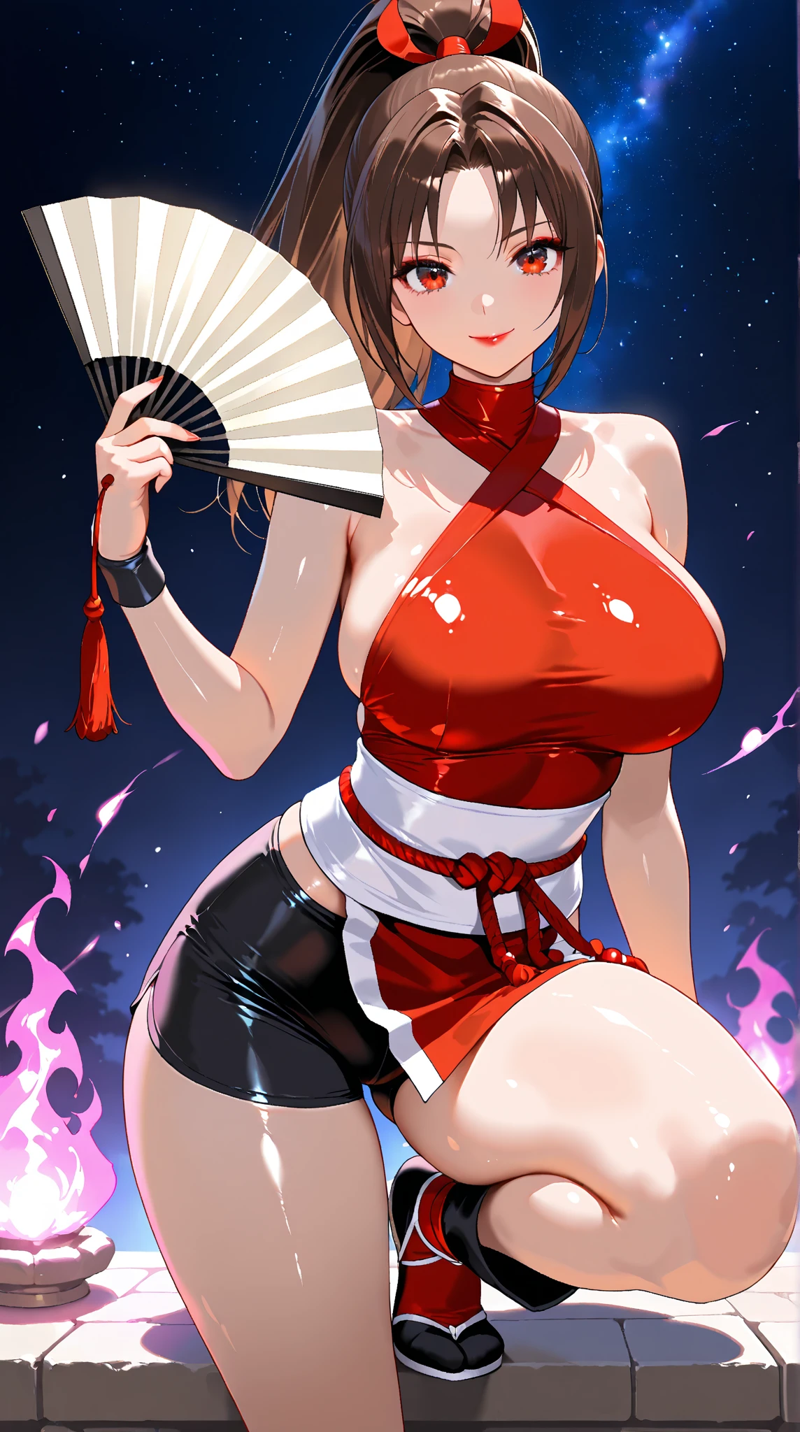masterpiece, best quality, beautiful art, high resolution, well formed hands, body and fingers, 1 woman, solo, Ruka Sarashina, hair ribbon, red makeup, red lipstick,adult, grown up,  cosplaying as Mai Shiranui , mai_shiranui_cosplay, adult, large and big breasted, cleavage, full body , hair ribbon, gorgeous legs and, thighs, sexy Japanese clothes, hair ornament , sexy and bare legs , hips and thighs, panties peek,ryona , in peril, she is being beaten up by her opponent, closed eyes, she is knocked down and she is slapped in the face , she falls down backwards, falling down on the floor, receiving the impact of her opponent's attacks, closed eyes, screaming in pain and agony, heroine in peril, ryona and perilous scene, bouncing breasts, weak and helpless, martial arts tournament on the beach  