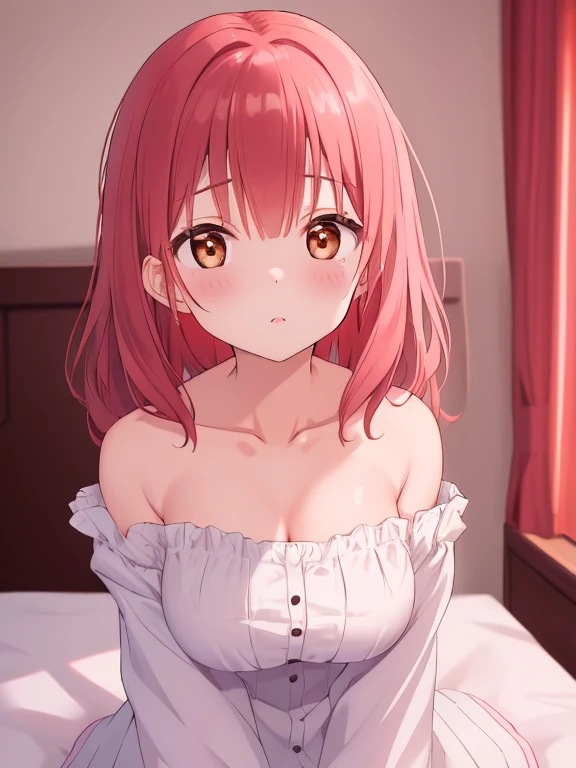 mastute piece,Best Quality,insanely detailed,8k cg,nsfw,
shoot upper body,(body in front:1.1),1girl,standing,looking at viewer,(pink sleepwear),BREAK,blush,shy,ecstasy face,gasping,(trembling:1.2),red hair,break,open mouth,large breast,bedroom,night,