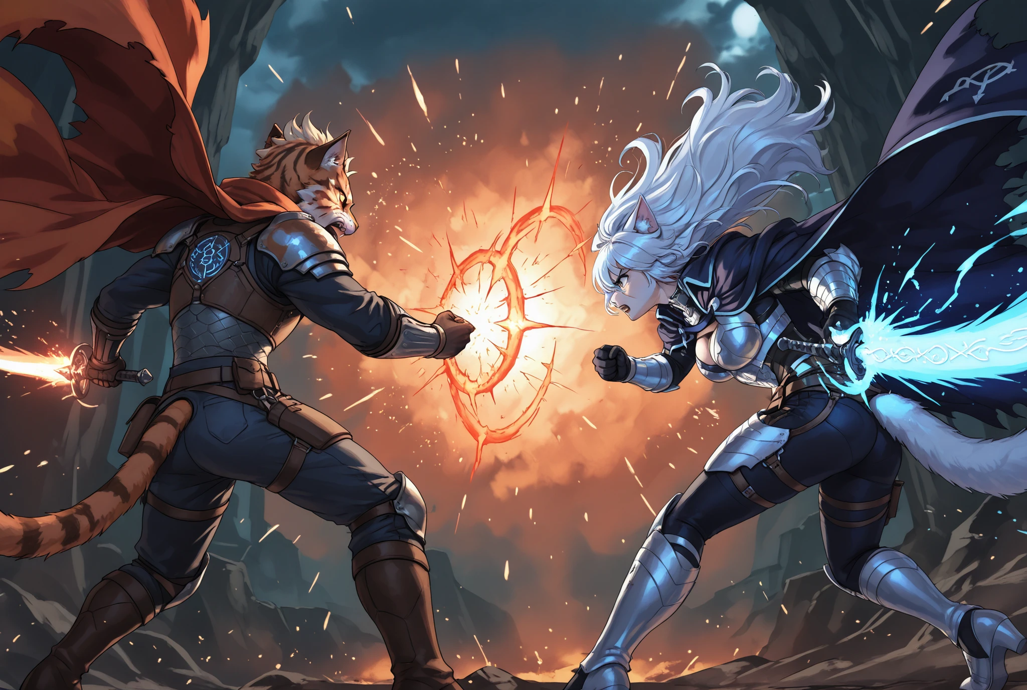 a dramatic battle scene between two anthropomorphic cat warriors, one casting elemental spells with fire and water, wearing a mage's cloak with runes, and the other a wild-haired fighter in leather and denim, slashing through magic with claws and energy, epic confrontation, sparks flying, magic colliding, fantasy setting, cinematic lighting, dynamic composition --v 5 --ar 16:9