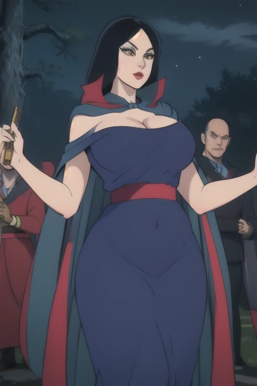Two women, facing each other very closely, defiant gazes, a shorter woman and a tall woman, one woman with a thin complexion and the other woman with a broad complexion, big breasts, nude, full body