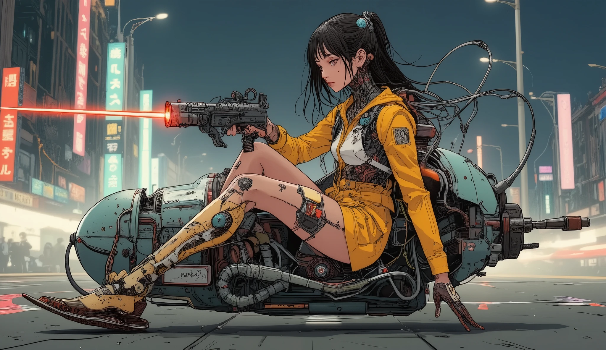 high quality DVD,4K,Fine Futuristic Mechanisms Exoskeleton Female ,Wearing Yellow Mechanical Exoskeleton Jacket, ((skidding)) on a futuristic flying in a (((pot racer stars wars style))), carries a "minigun M134" laser machine gun on her back, Geometry and Eye Pattern,(((Dynamic Posture)),Subtly Twisted Body Form,Detailed Mechanical Elements,Sci-Fi Sensory Light Background,Wrong Complex Mechanics,Exquisite design,Bright,HDR, Immersive, professional,Vibrant Hue, (("AKIRA" style scene))