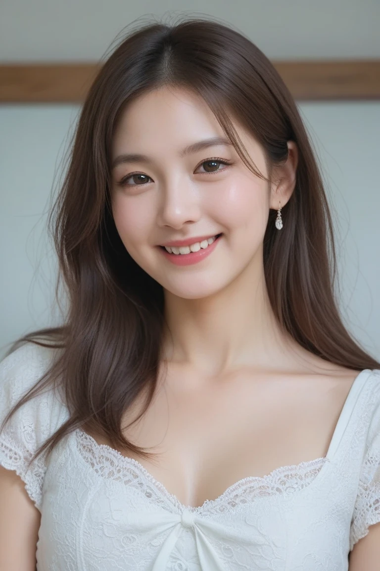 Tabletop, Highest quality, shape, Very detailed, In detail, High resolution, 8k wallpaper, Perfect dynamic composition, Beautiful details, White Magic Academy Uniform, Natural Lip, Big Breasts, Exposing the breasts,Asymmetrical Wave Hairstyle, smile, White Background