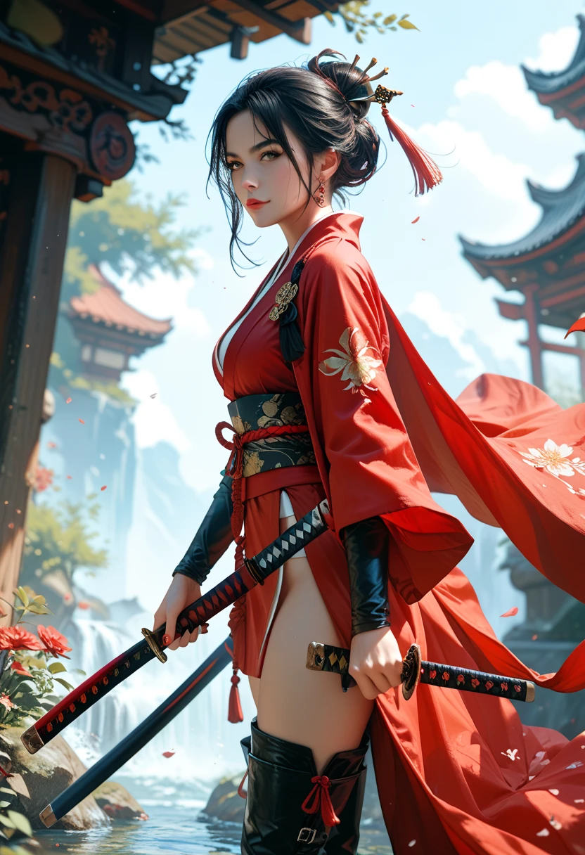Diffuse lighting、 Highest quality, High resolution, unity 8k wallpaper、Supersaturation, Colorful, 8k解像度, 1 female、Japanese、23 years old、Close-up portrait、Wearing a red dress,whole body、Tight ass、Standing in front of the red torii gate、Woman with a Fan, onmyoji, onmyoji detailed art, onmyoji portrait, 4K, 8k, Vibrant, Splash Art , Onmyoji、Spirit medium、
