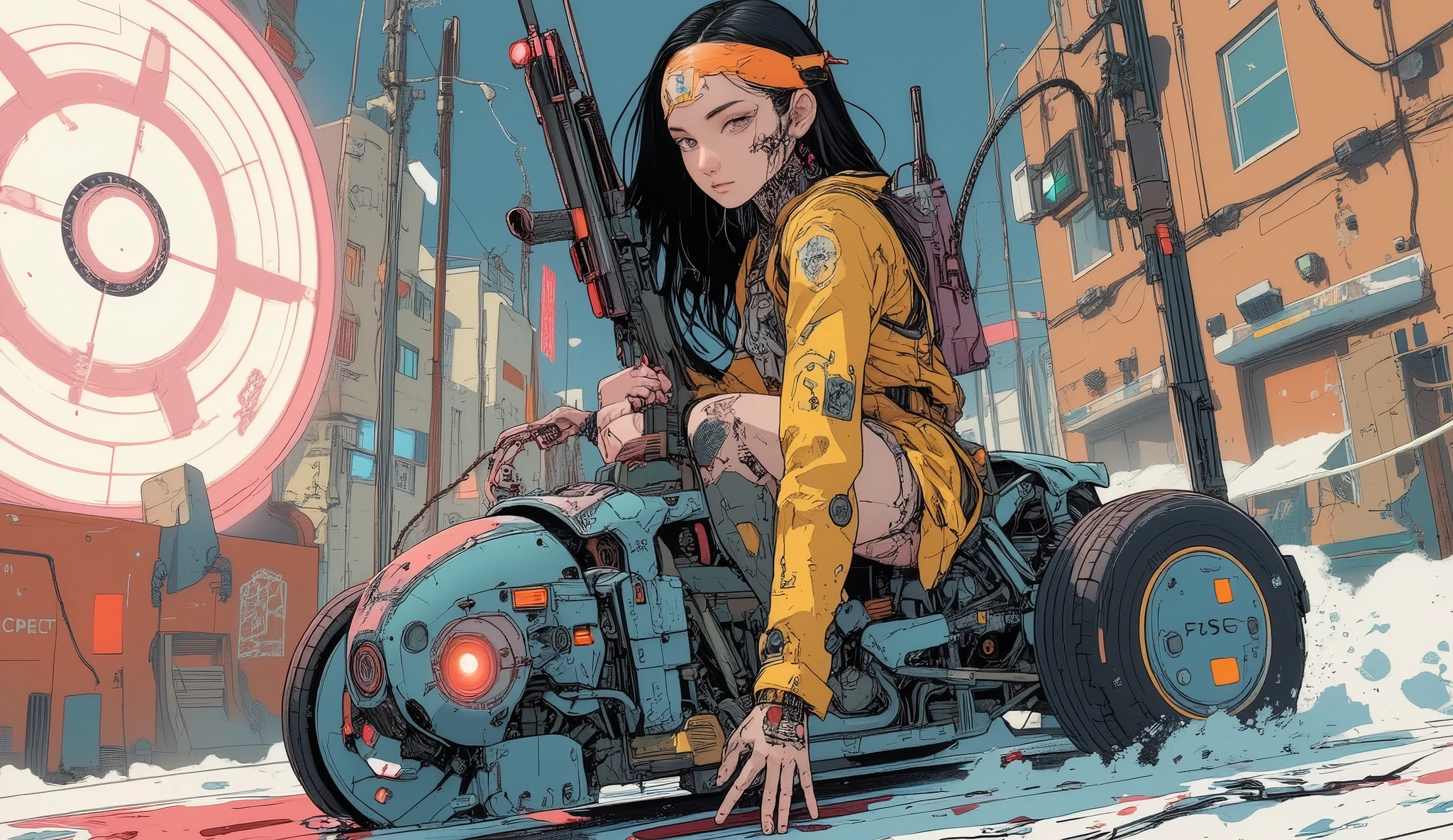high quality DVD,4K,Fine Futuristic Mechanisms Exoskeleton Female ,Wearing Yellow Mechanical Exoskeleton Jacket, ((skidding)) on a futuristic flying in a (((pot racer stars wars style))), carries a "minigun M134" laser machine gun on her back, Geometry and Eye Pattern,(((Dynamic Posture)),Subtly Twisted Body Form,Detailed Mechanical Elements,Sci-Fi Sensory Light Background,Wrong Complex Mechanics,Exquisite design,Bright,HDR, Immersive, professional,Vibrant Hue, (("AKIRA" style scene))