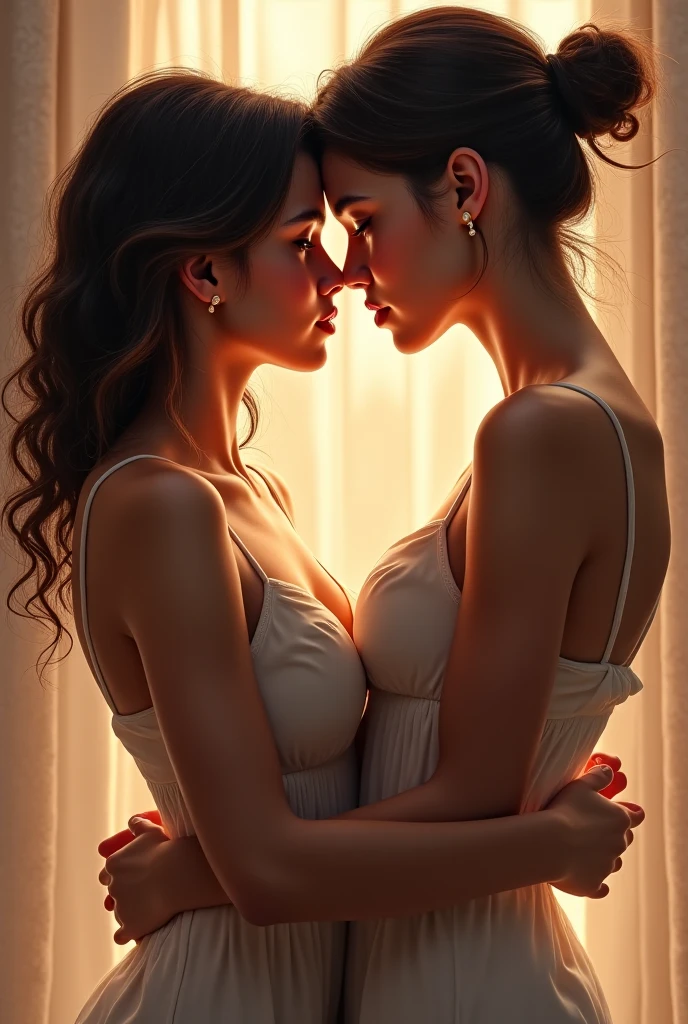 An artistic and realistic image of two women holding hands, sitting facing each other, in a pose that exudes connection and affection. Both are wearing elegant and discreet underwear.. Their legs are subtly intertwined, as if they were forming the shape of a pair of scissors, without showing any explicit nudity. His facial expressions demonstrate tranquility and serene pleasure., as if they were in deep harmony with each other. Soft lighting and delicate shadows enhance the beauty and intimacy of the moment., focusing on emotional expression and the connection between them.